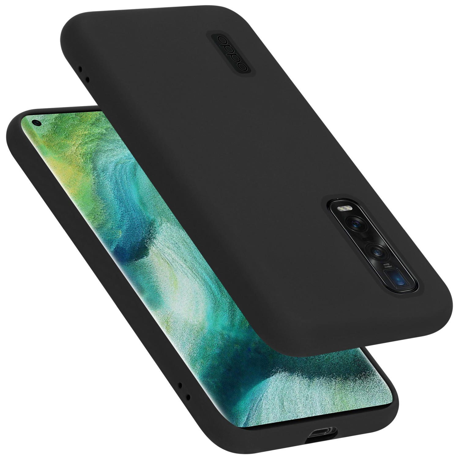 Schwarze Handyhülle mit Telefon. Schwarze Hülle, Telefon mit Bildschirm, schräge Ansicht.