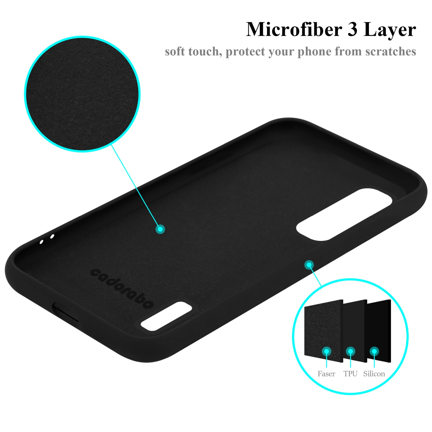 Schwarze Handyhülle innen mit einem Diagramm der drei Schichten: Faser, TPU und Silikon. Ein schwarzer Kreis wird gezeigt.