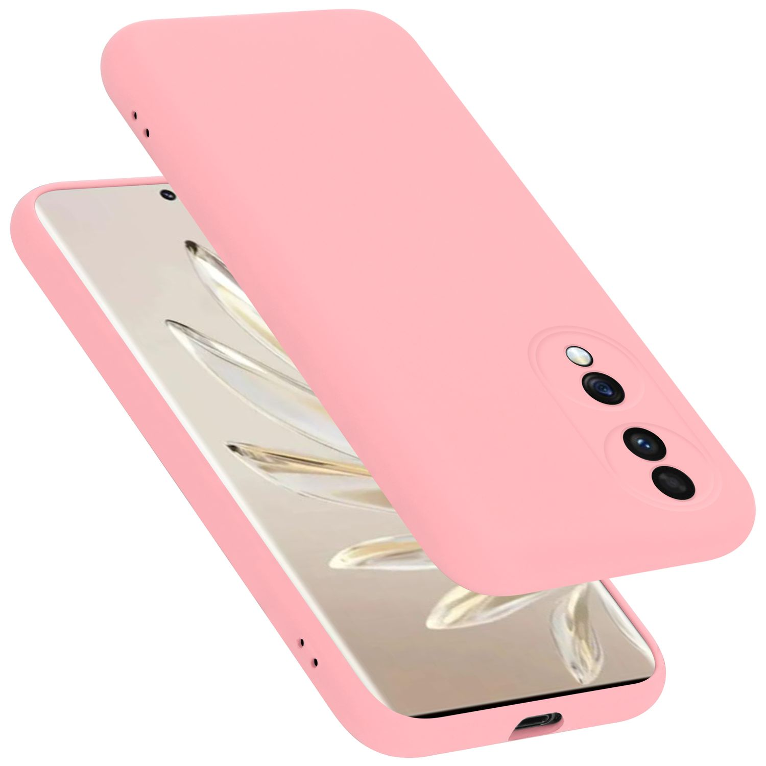 Rosa Handyhülle, zweiteilig. Telefon mit hellem Hintergrund, Kamera sichtbar.