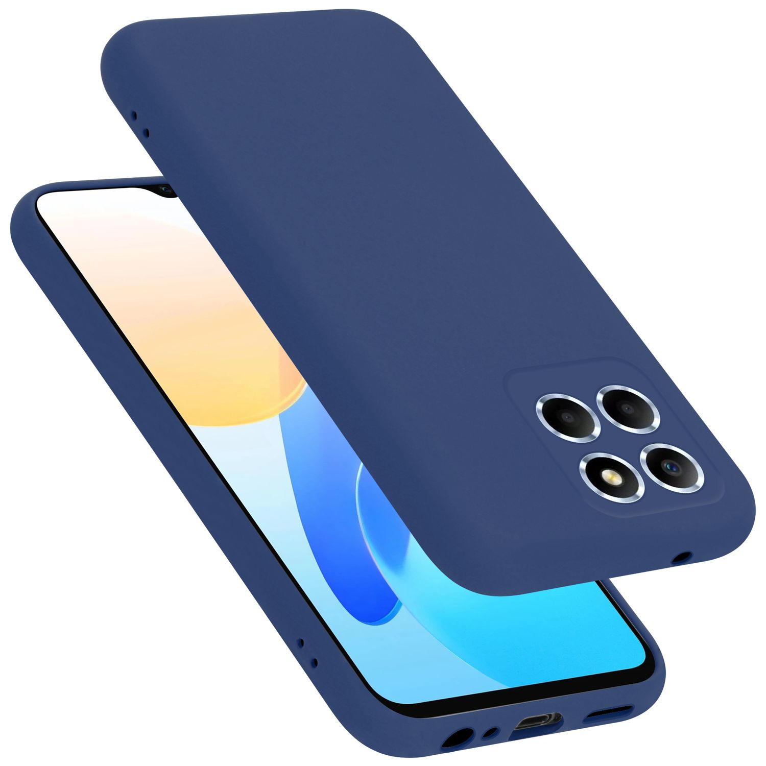 Blaue Handyhülle und Telefon. Telefon hat Kamera-Array. Hülle liegt über dem Telefon.