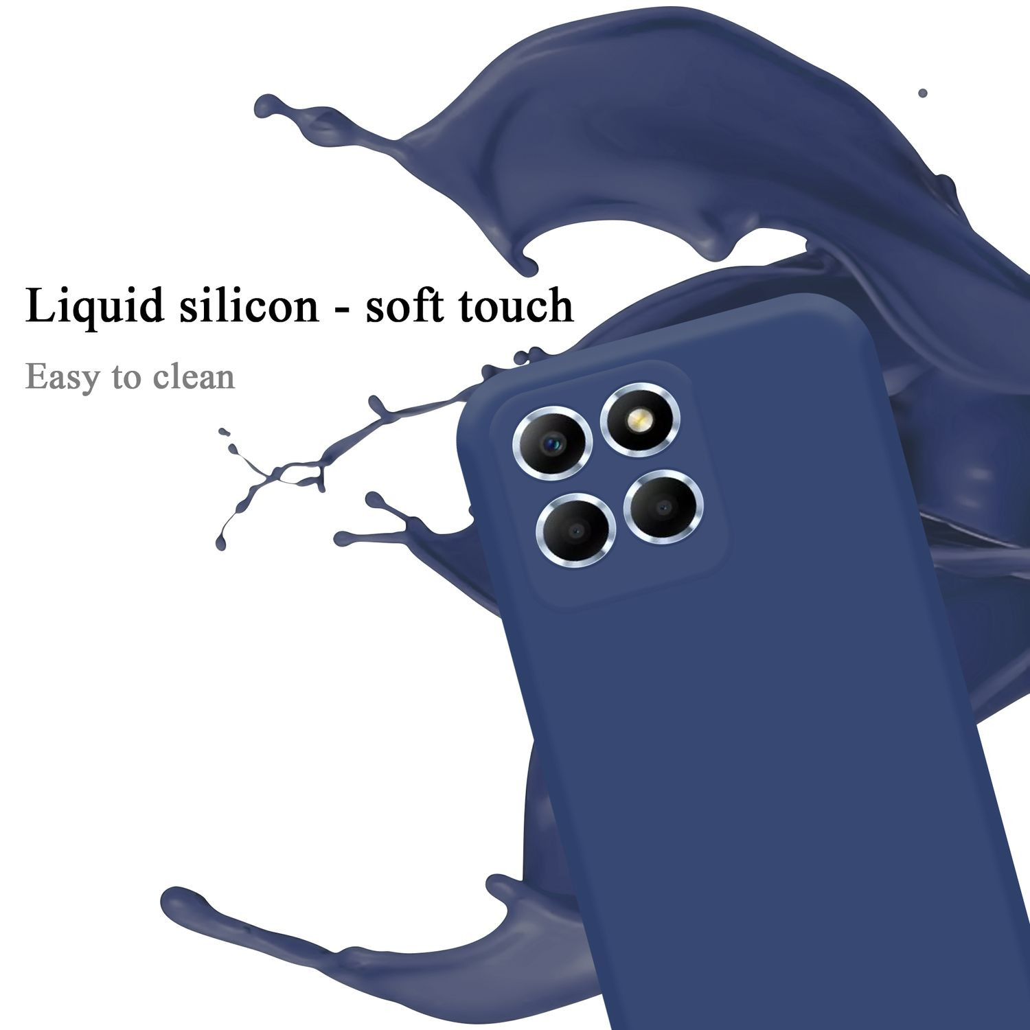 Blaue Handyhülle mit Flüssigkeitsspritzer. Gezeigte Eigenschaften: Flüssigsilikon, weiche Haptik und leicht zu reinigen.