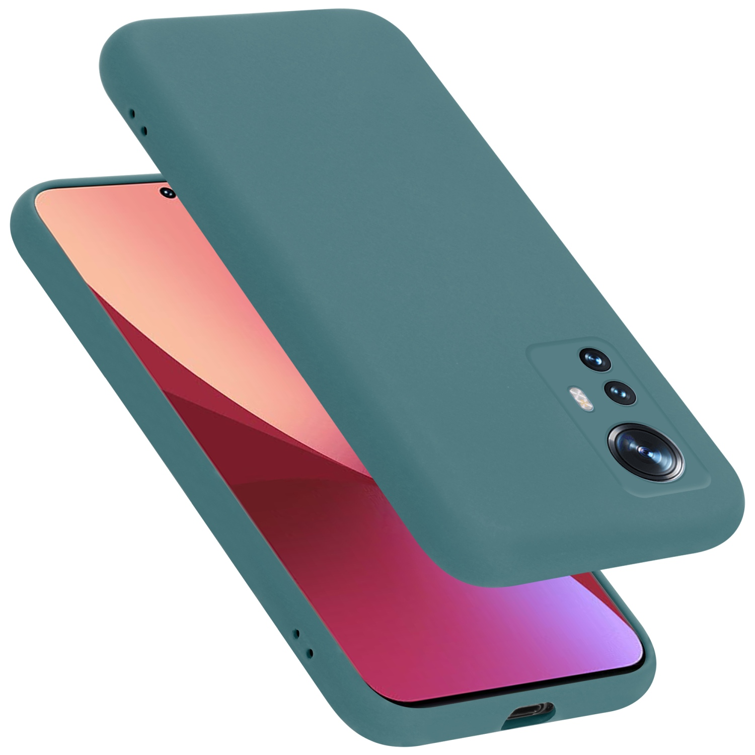 Eine tealfarbene Handyhülle mit einem Telefon. Hülle und Telefon sind sichtbar. Die Handyhülle ist in der Luft.