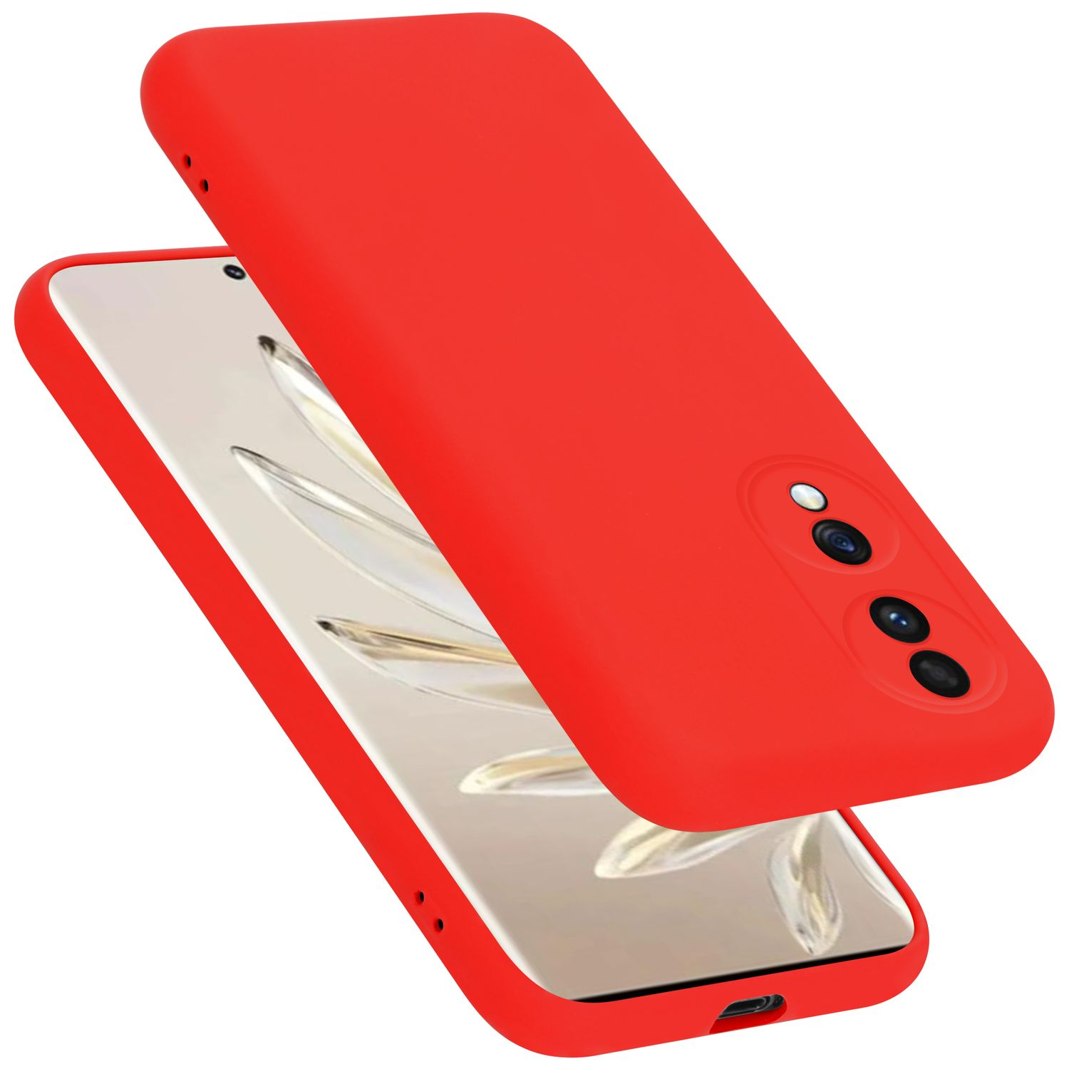 Rote Handyhülle, zweiteilig. Telefon mit hellem Hintergrund, Kamera sichtbar.