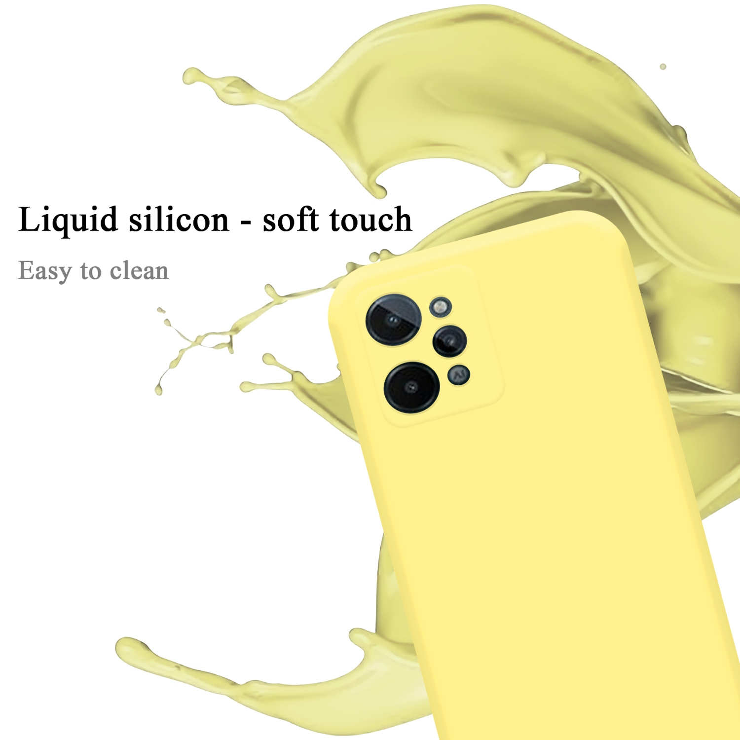 Eine gelbe Handyhülle mit einem Spritzer gelber Flüssigkeit. Die Hülle bedeckt ein Telefon.