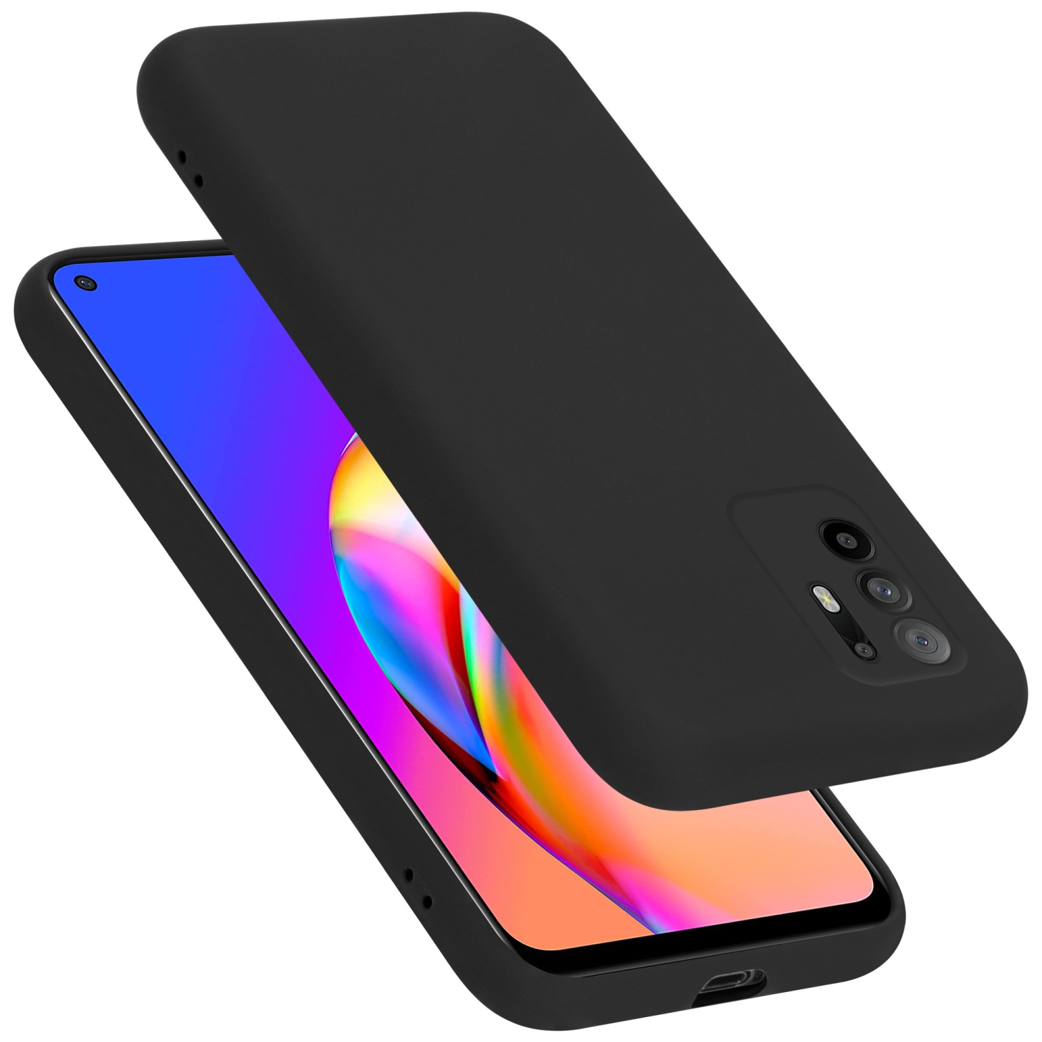 Schwarze Handyhülle mit einem Telefon darin. Die Handyhülle bedeckt das Telefon. Weißer Hintergrund.