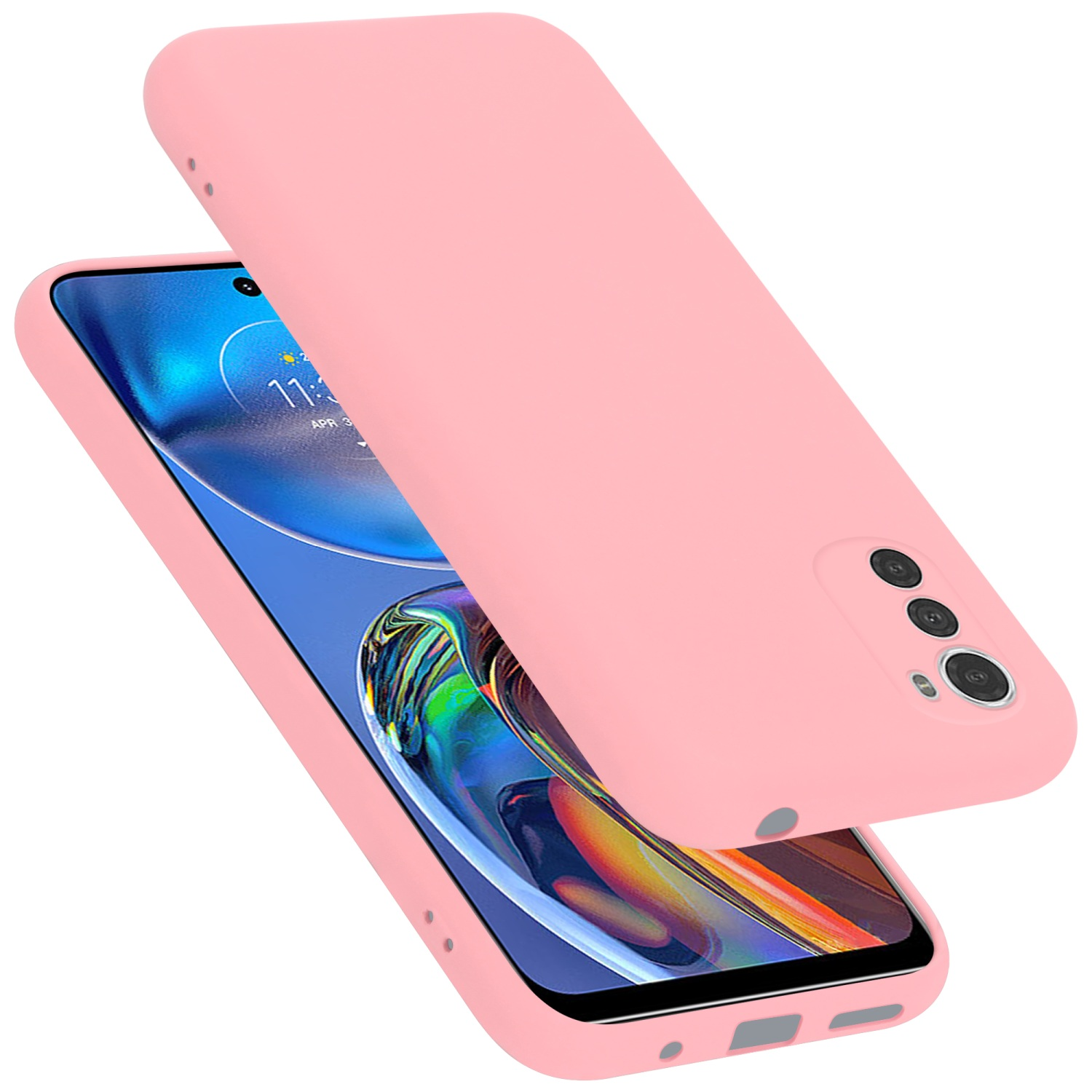 Rosa Handyhülle mit Telefon. Handyhülle über dem Telefon. Das Telefon ist rosa und zeigt die Uhrzeit.