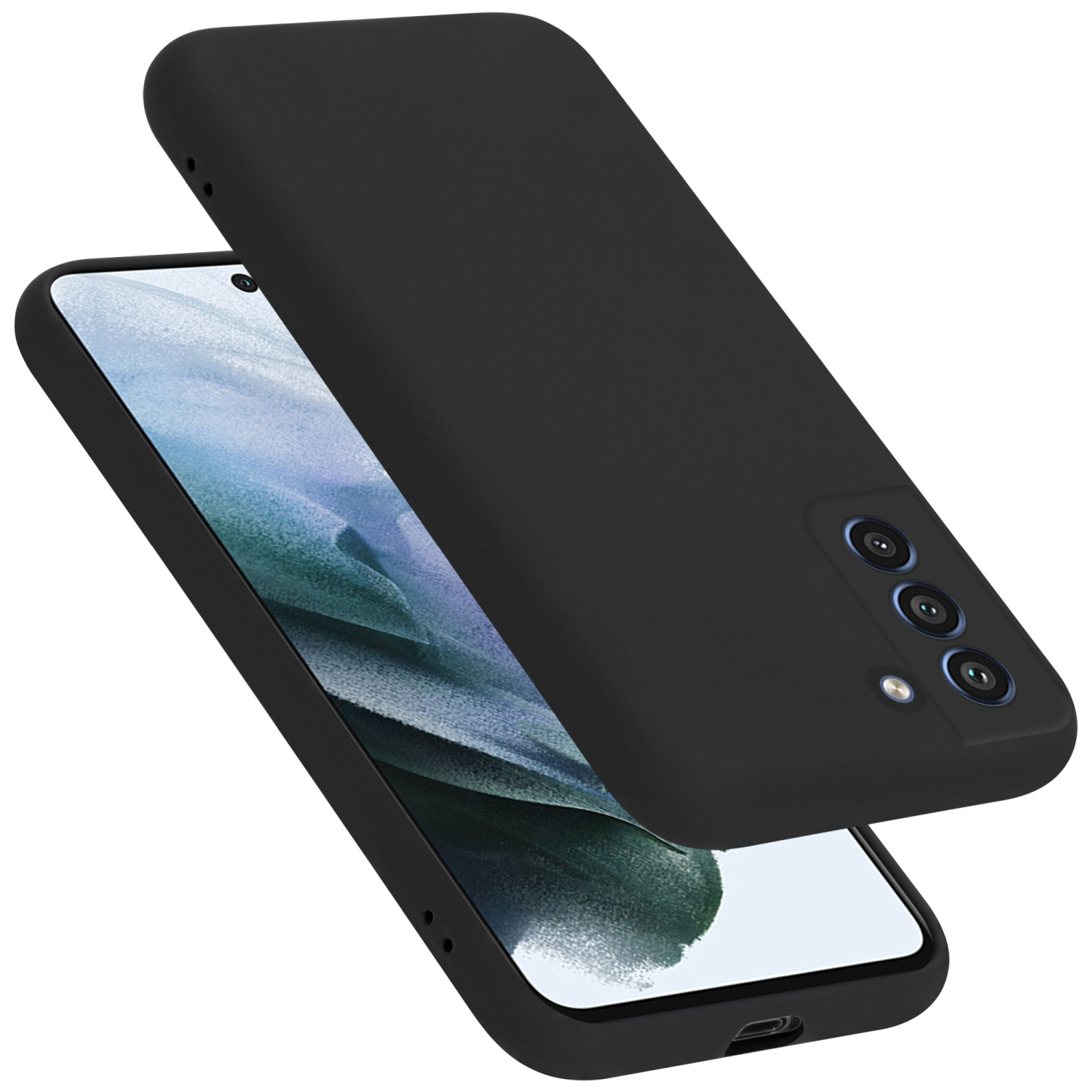 Custodia del telefono nera aperta. Il telefono ha uno schermo blu. Ha delle fotocamere.