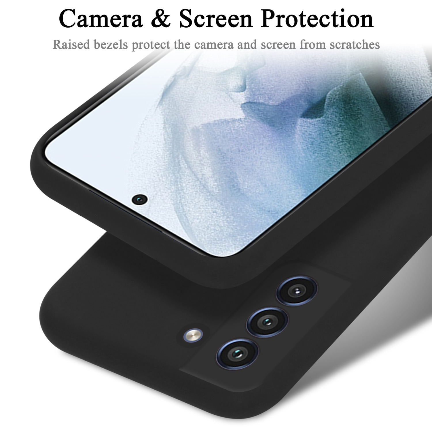 Una custodia per telefono nera con un proteggi schermo sopra e un layout della fotocamera visibile in basso.