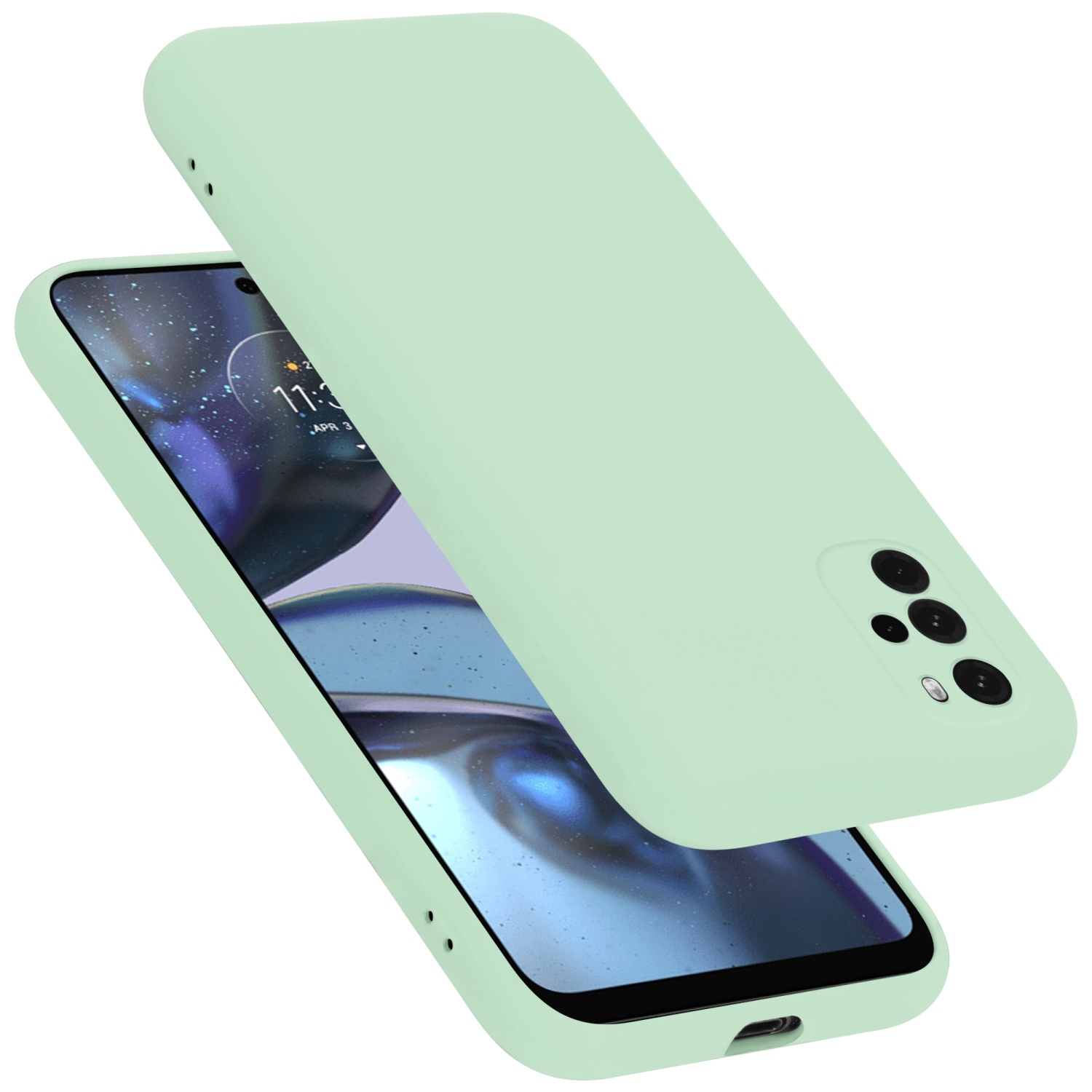 Hellgrüne Handyhülle und Telefon. Die Handyhülle befindet sich leicht über dem Telefon.