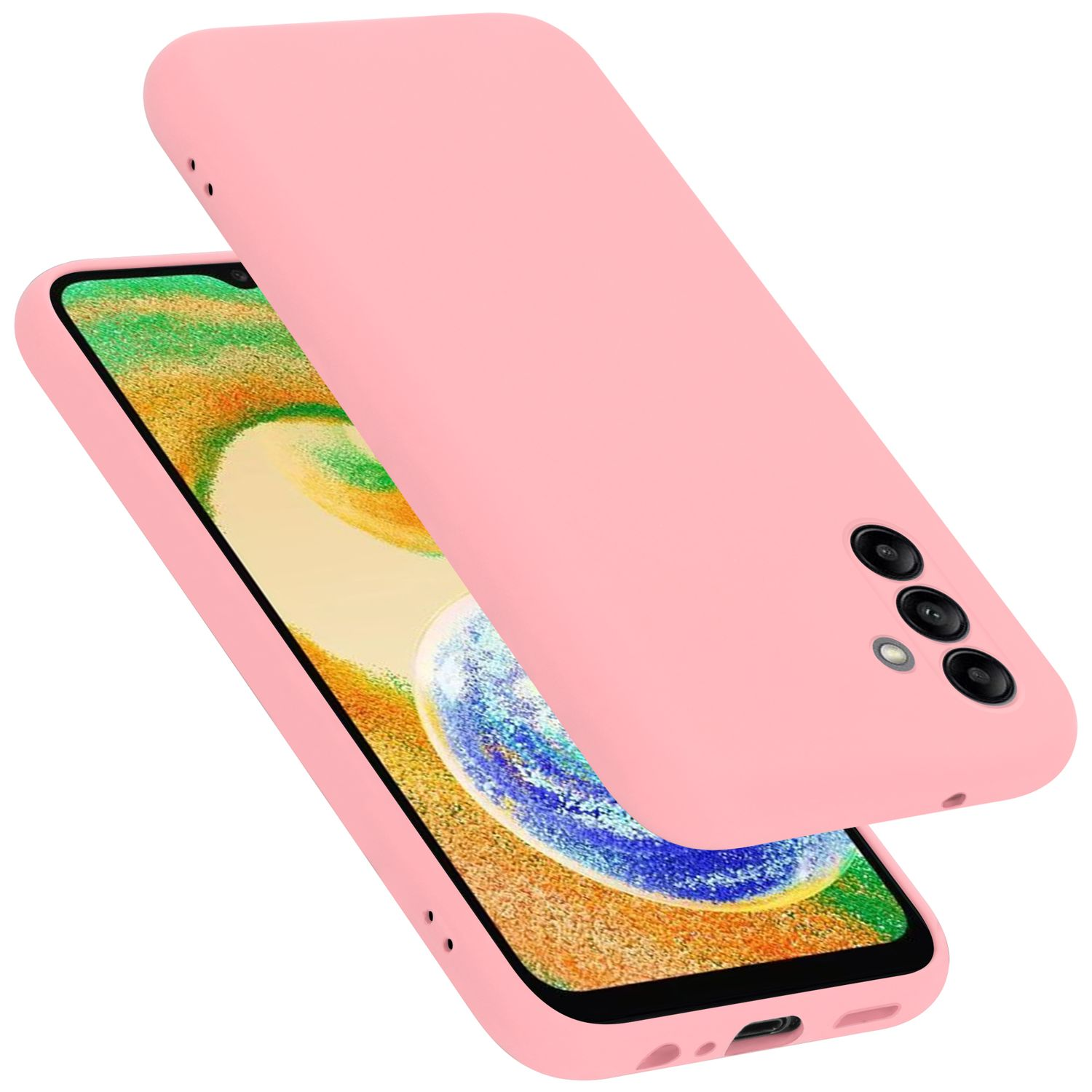 Rosa Handyhülle auf einem Telefon. Das Telefon ist rosa. Die Hülle bedeckt die Rückseite des Telefons.