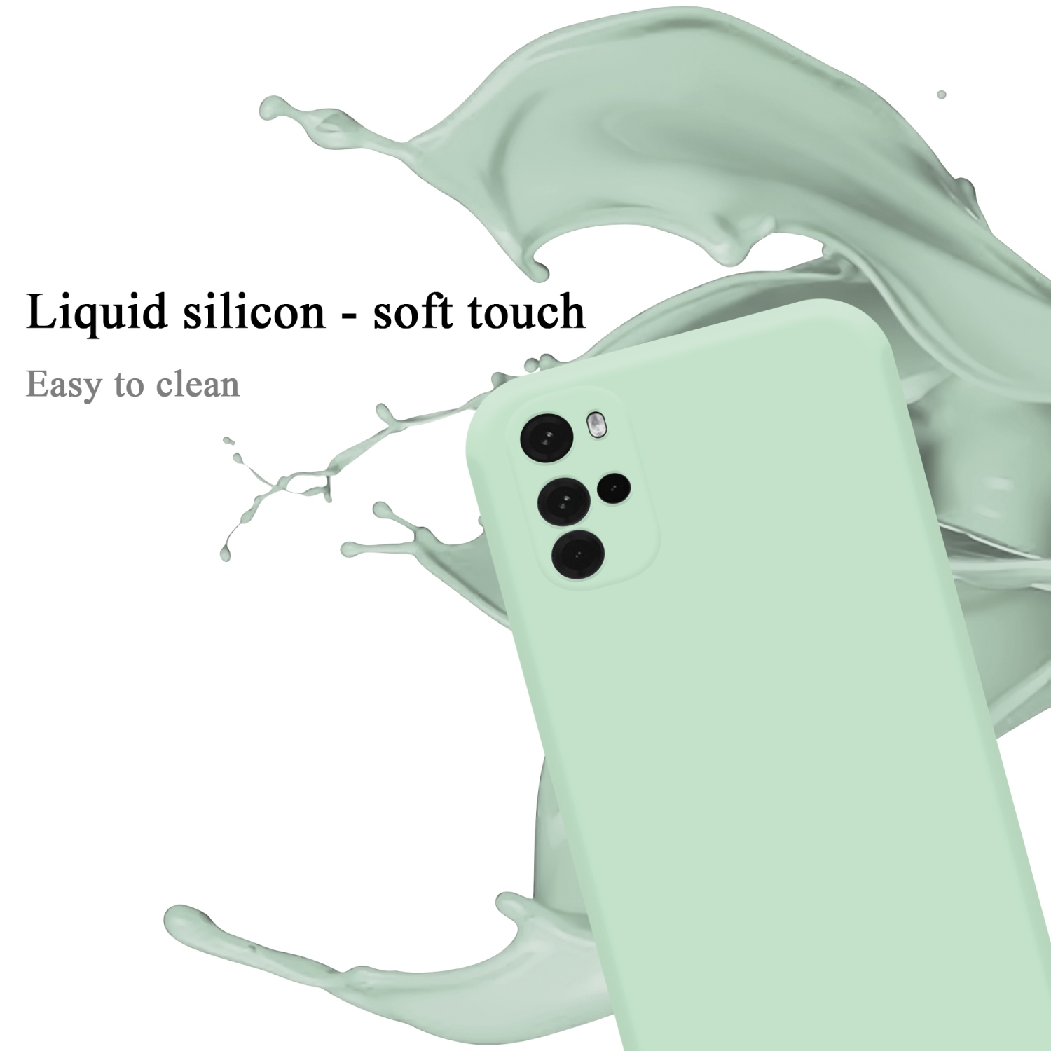 Eine mintgrüne Handyhülle mit Flüssigkeitsspritzern, Text sagt 'Flüssigsilikon - Soft Touch'.