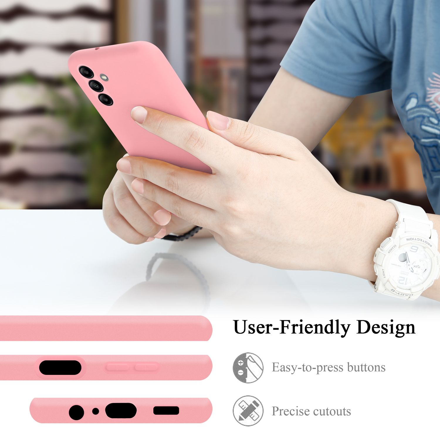 Frau hält eine rosa Handyhülle. Eigenschaften: leicht zu drückende Knöpfe und präzise Aussparungen. Benutzerfreundliches Design.