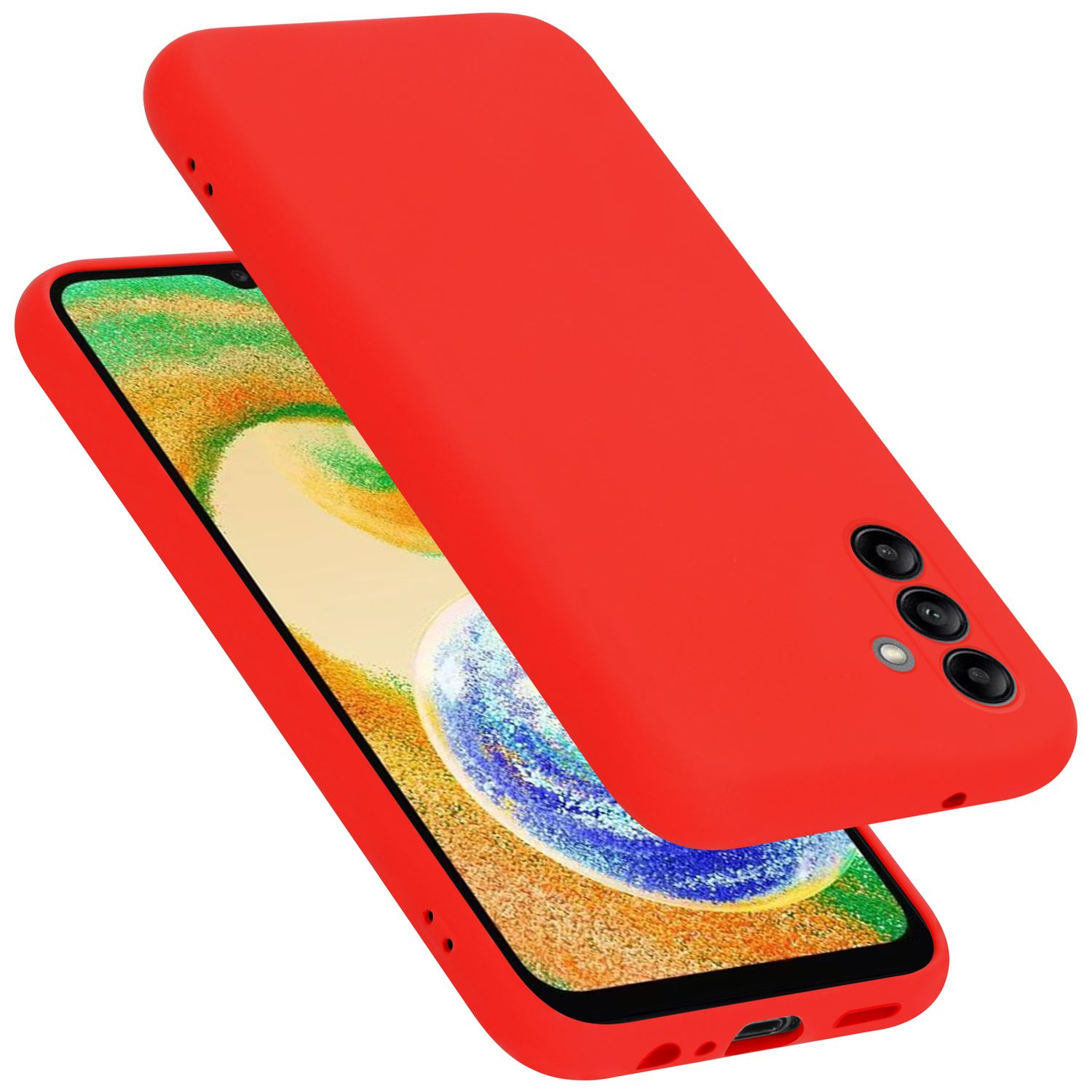 Rote Handyhülle und Telefon. Das Telefon zeigt einen gelben und orangenen Bildschirm.