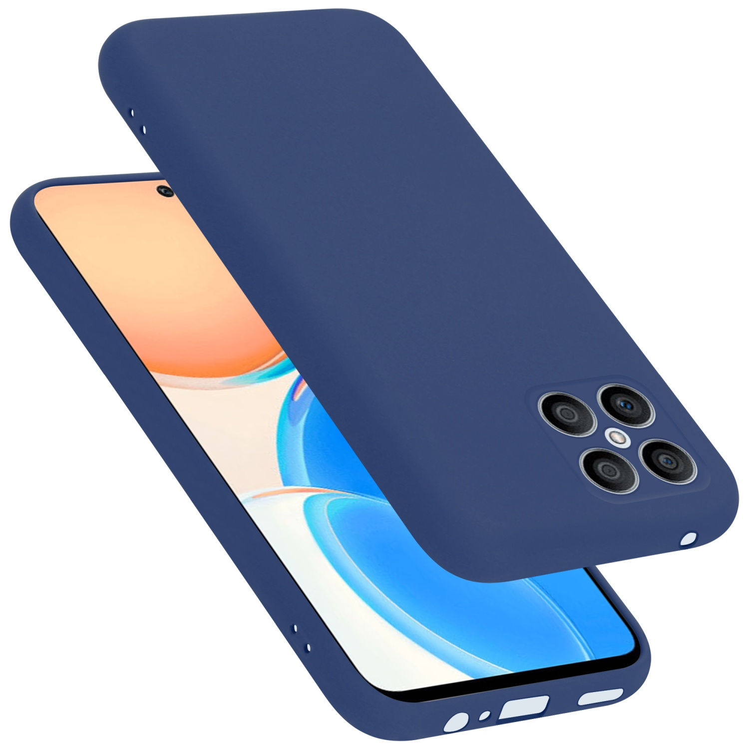 Eine dunkelblaue Handyhülle ist leicht geöffnet und zeigt ein Telefon. Sowohl die Hülle als auch das Telefon sind dunkelblau.