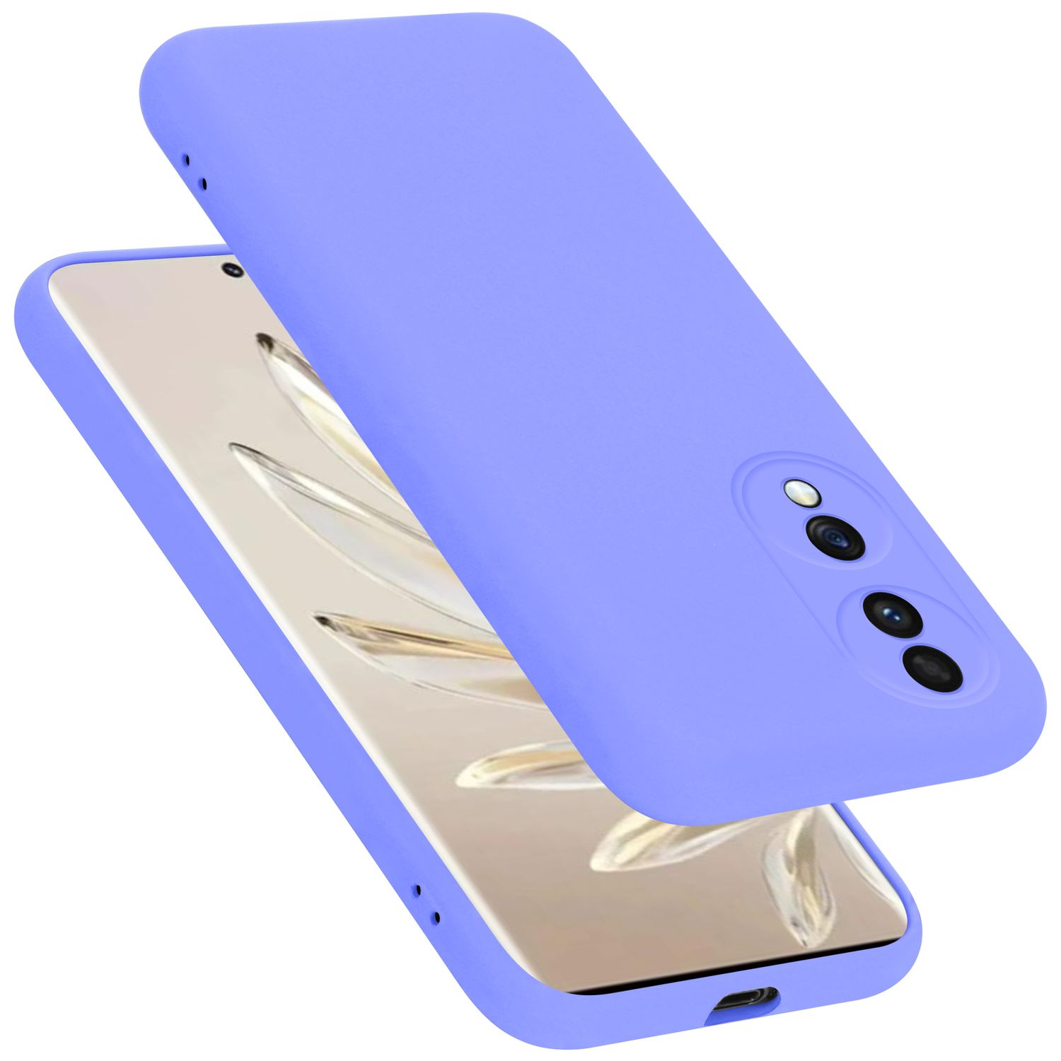 Lila Handyhülle auf Weiß. Zwei Hüllen sind zu sehen, eine über der anderen. Das Telefon ist in der Hülle.