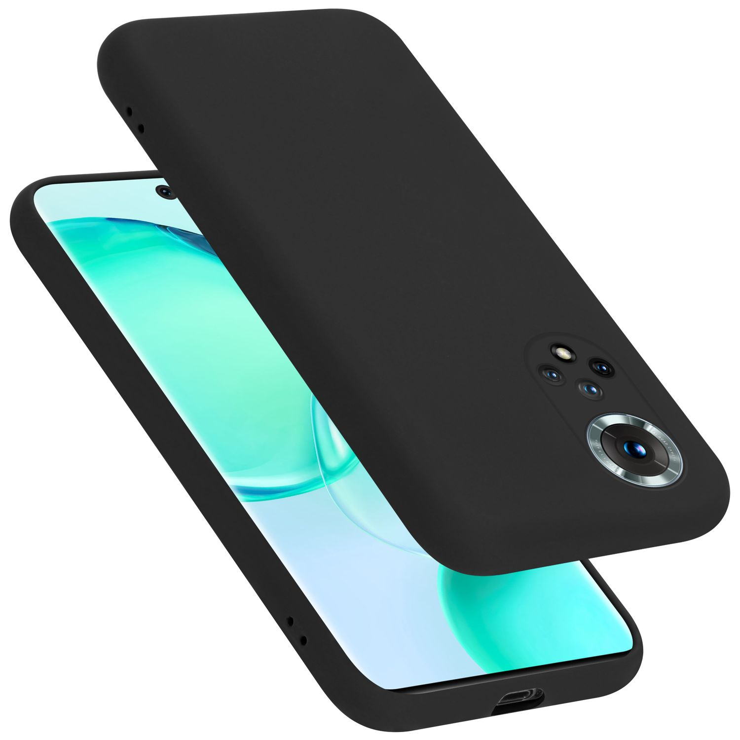 Schwarze Handyhülle mit Telefon. Das Telefon befindet sich in der Hülle.