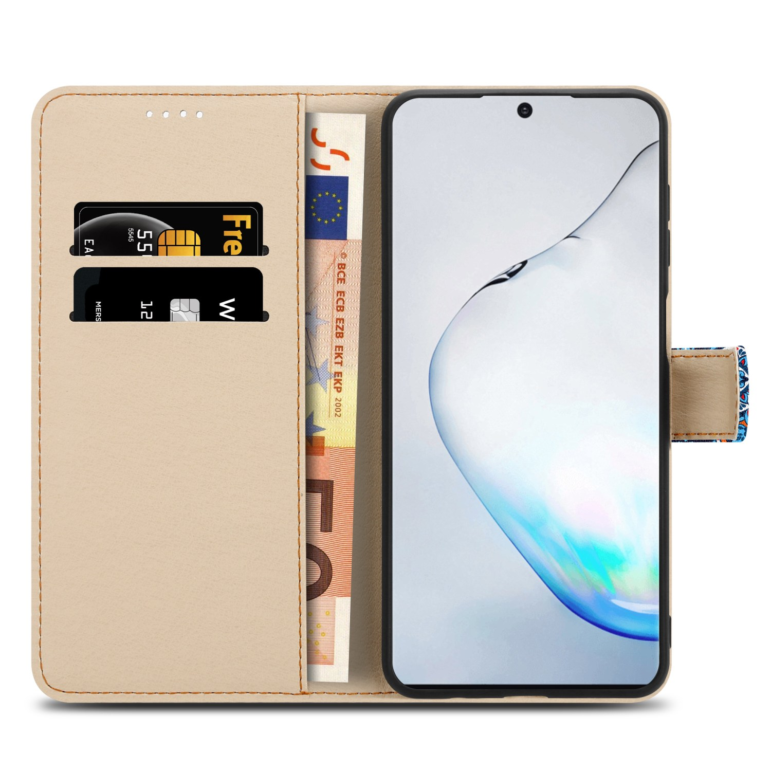 Portafoglio beige con carte e banconote in euro, aperto, con un telefono nero all'interno.