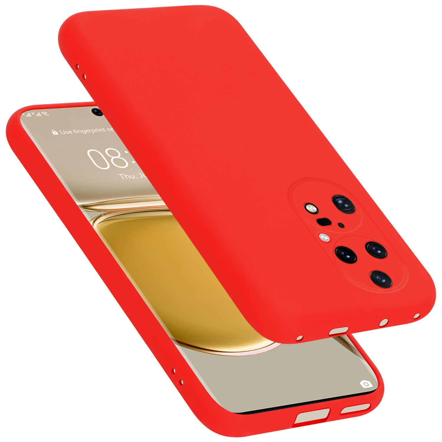 Eine rote Handyhülle und ein Telefon. Telefon zeigt den Bildschirm. Auf der Rückseite ist eine Kamera.