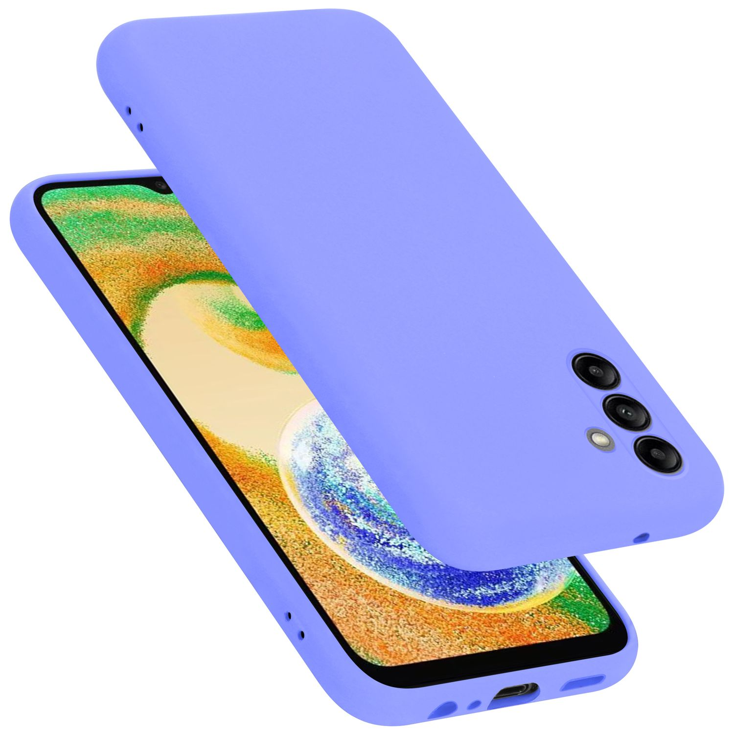 Lila Handyhülle auf einem Telefon. Das Telefon ist lila. Die Hülle bedeckt die Rückseite des Telefons.