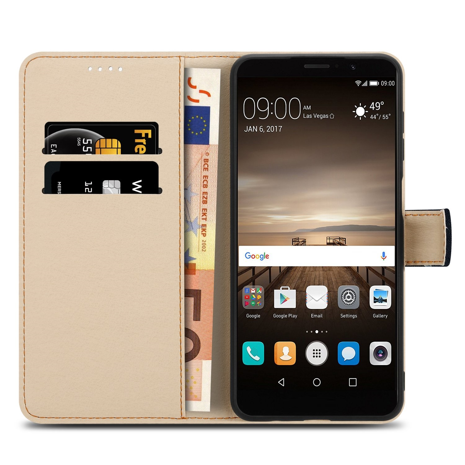 Telefon in einer beige Brieftasche mit Karten und Geld. Auf dem Bildschirm ist es 9:00 Uhr.