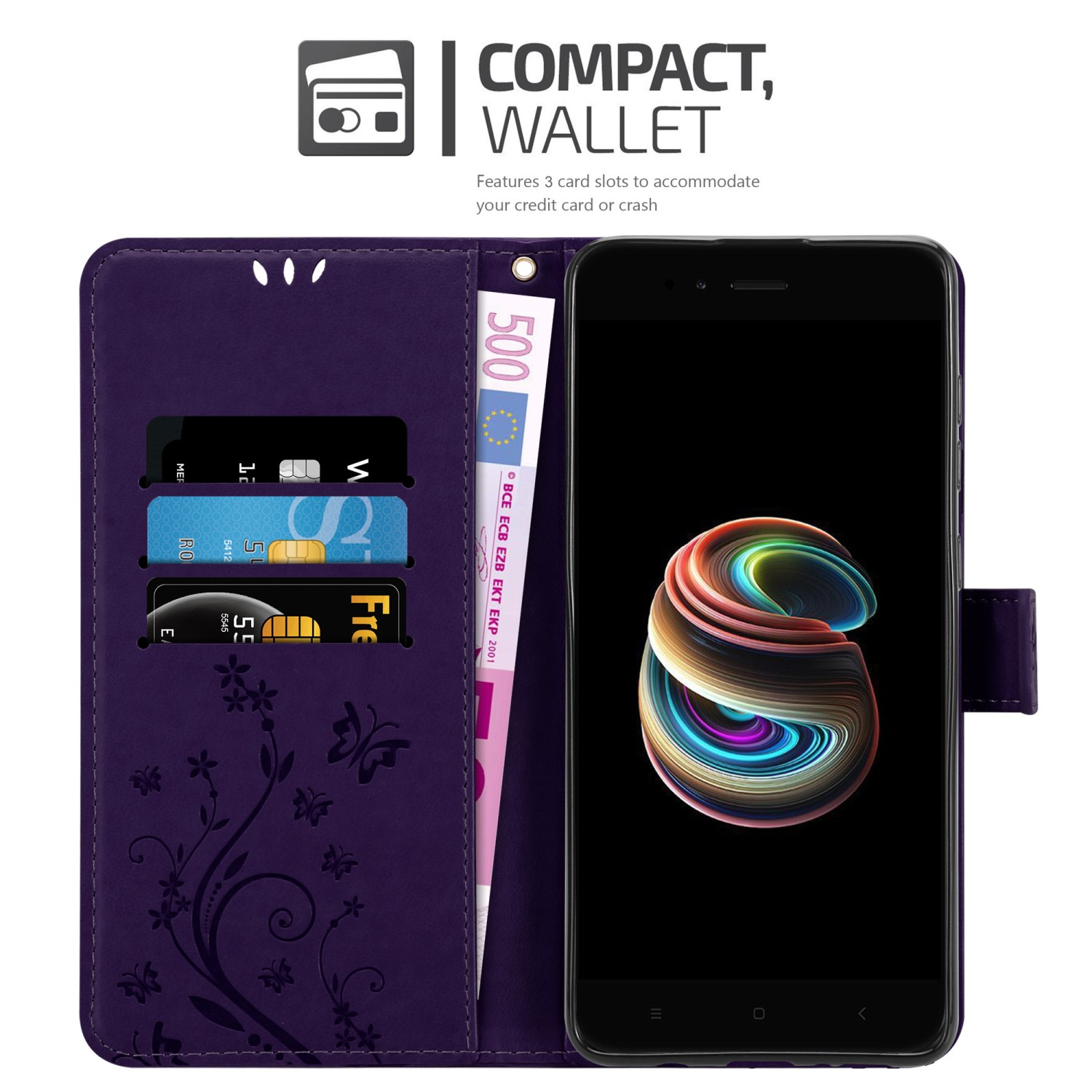 Custodia viola per telefono, aperta, con carta e schermo. Testo: Compatto, Portafoglio.