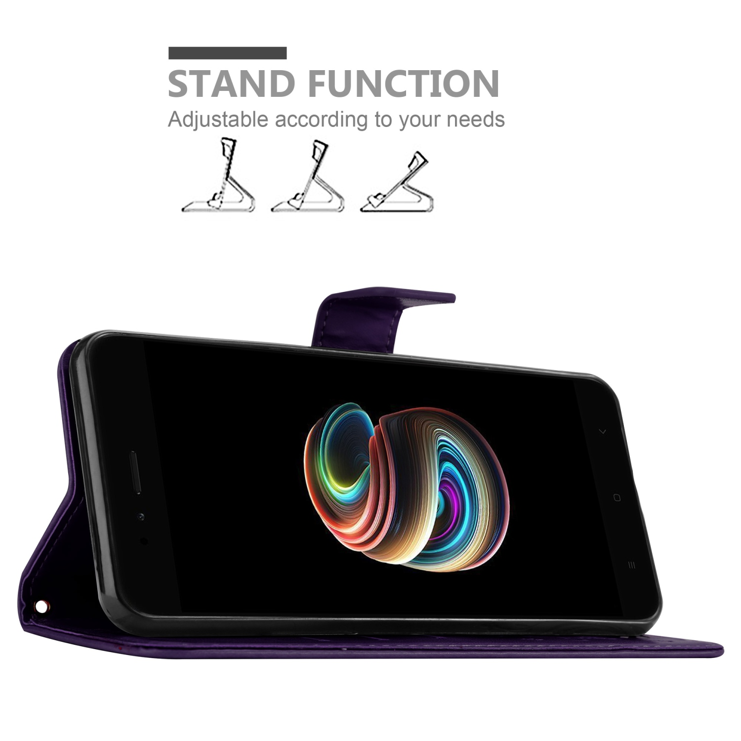 Custodia viola con telefono, mostra schermo. Grafica funzione supporto sopra.