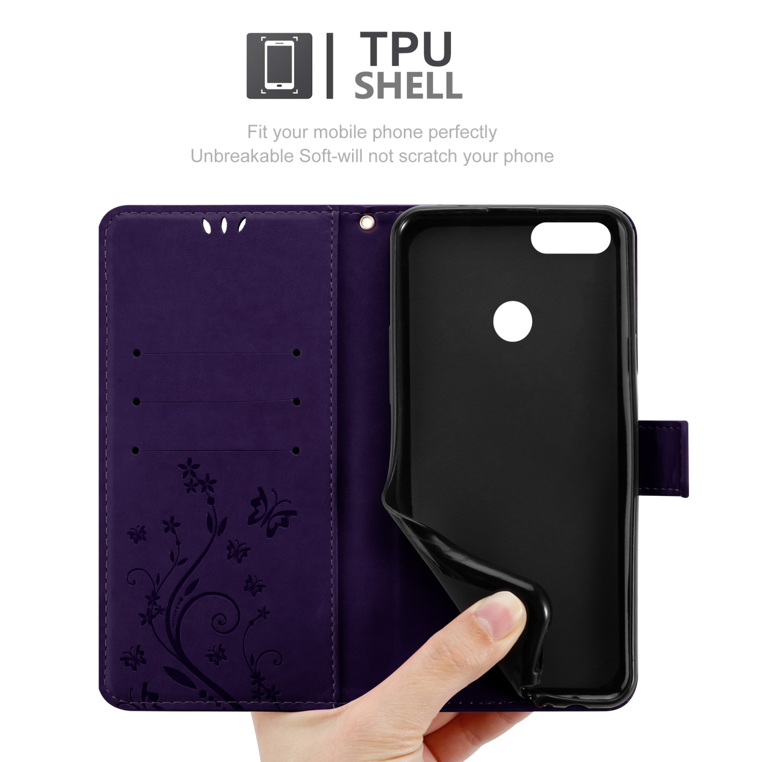 Custodia a portafoglio viola per telefono, con design floreale. Aperta, che mostra telefono e slot per schede, e testo guscio TPU.