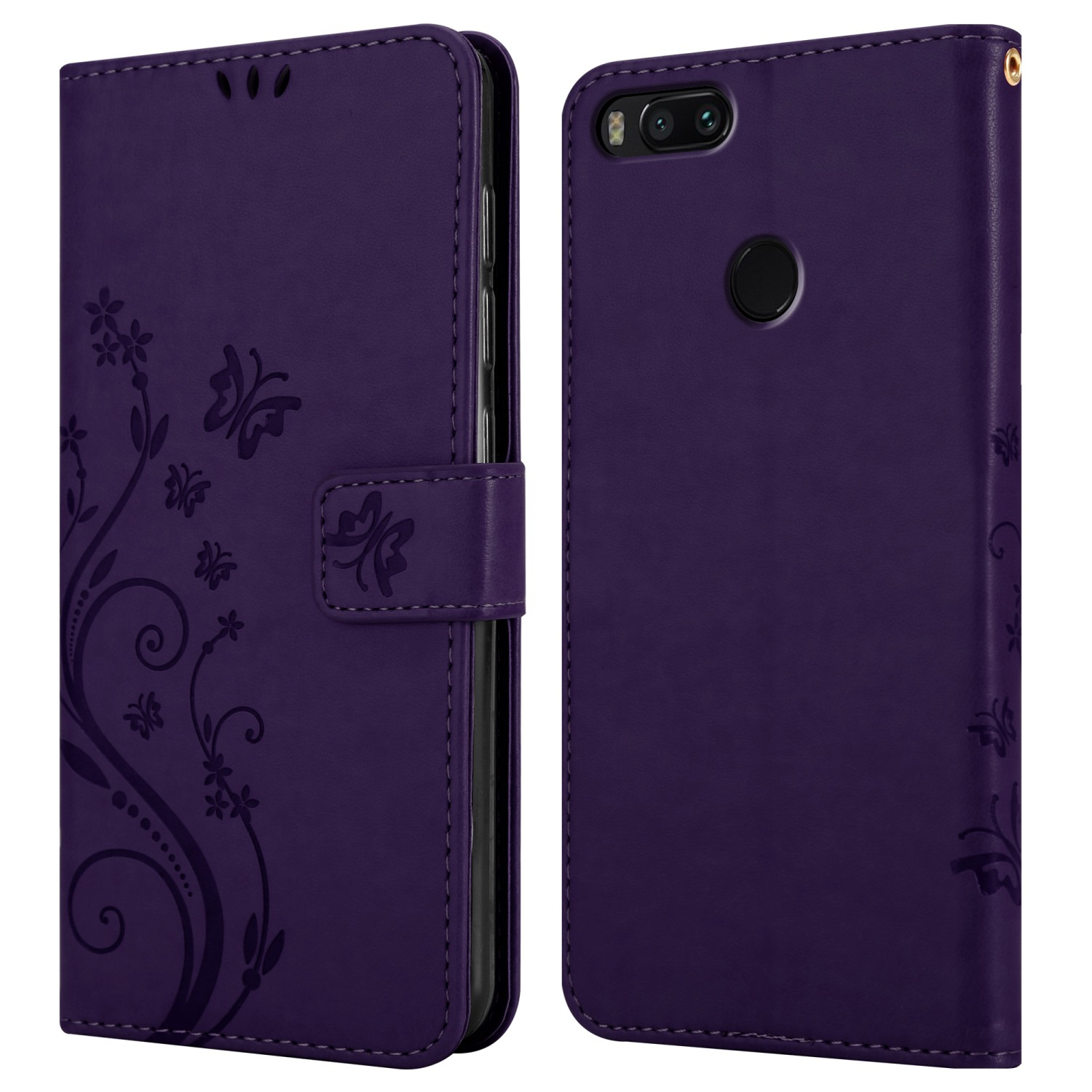 Custodia viola, aperta, che mostra il design floreale. Due lati visibili.