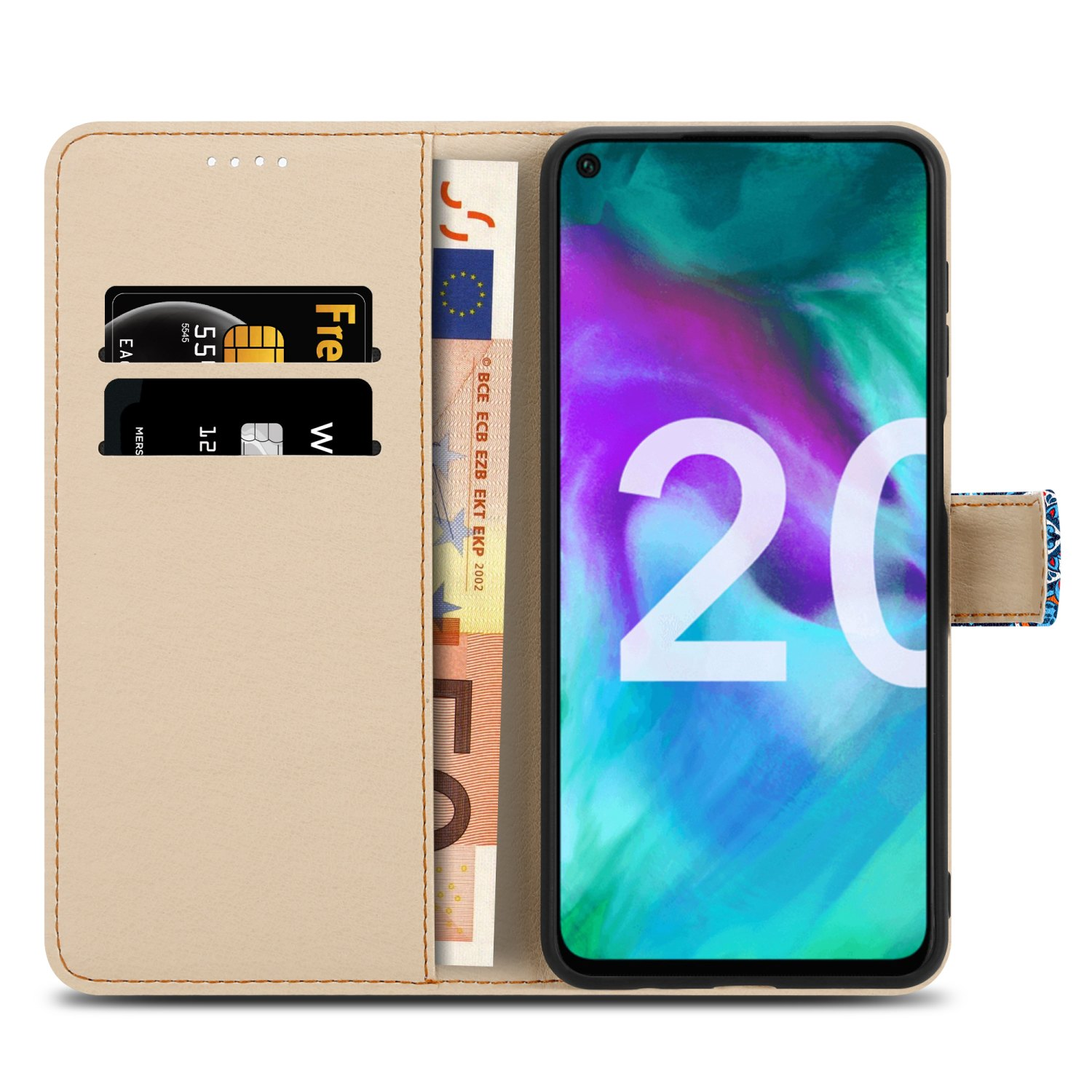 Beige Handyhülle mit Kreditkarten und Euro. Telefon zeigt die Zahl 20. Offen und geschlossen, mit kleiner Zierlasche.