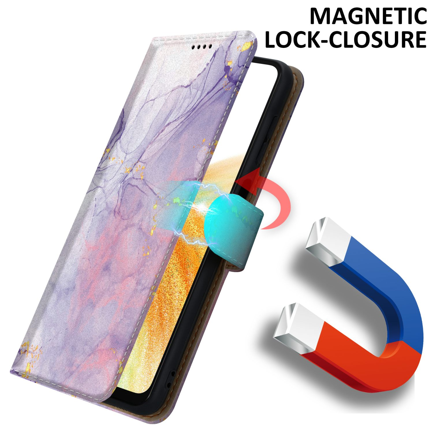 Una custodia per telefono con design marmorizzato è aperta, rivelando il telefono. Un magnete tiene chiusa la custodia.