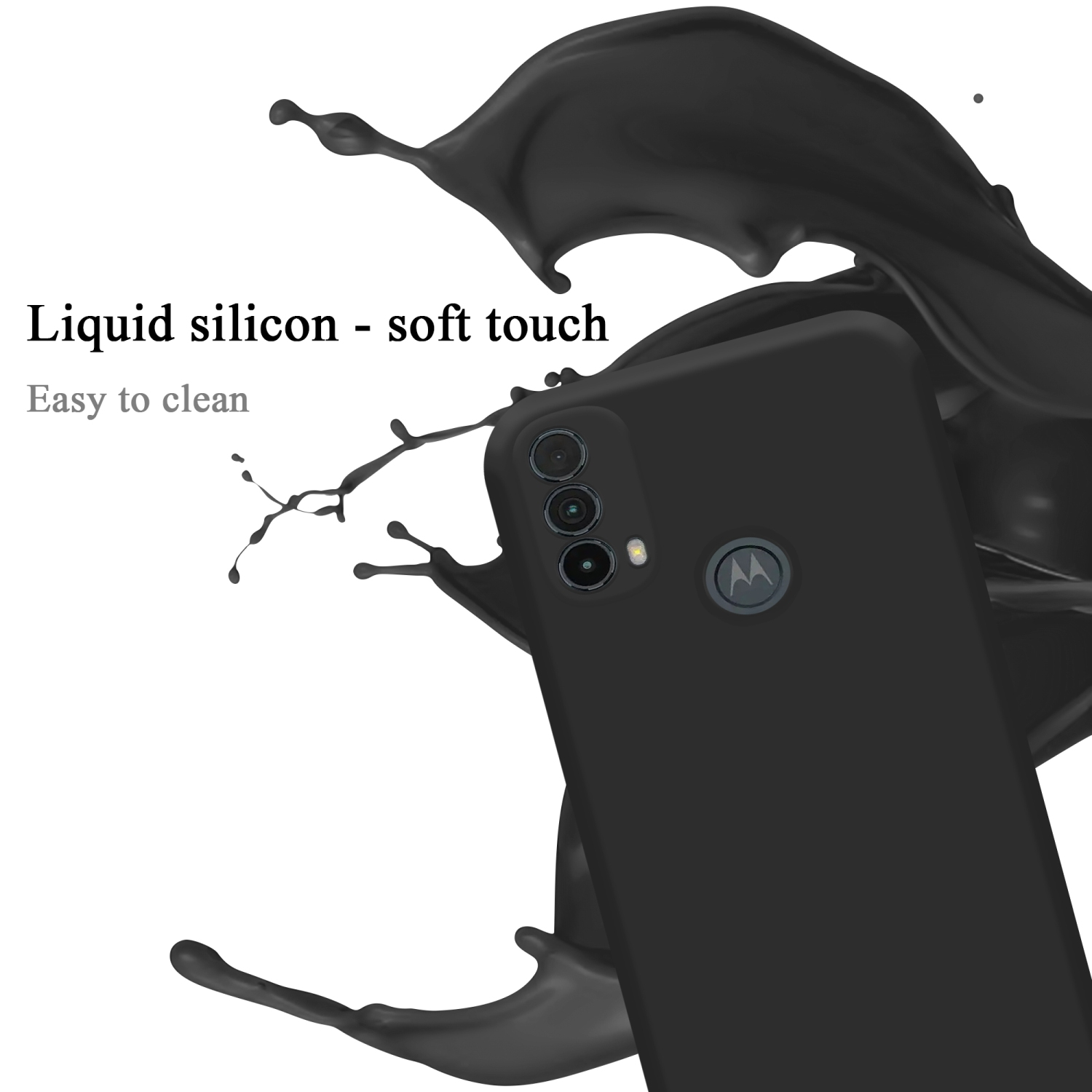 Schwarze Handyhülle mit einem Spritzer schwarzer Flüssigkeit um das Telefon herum.