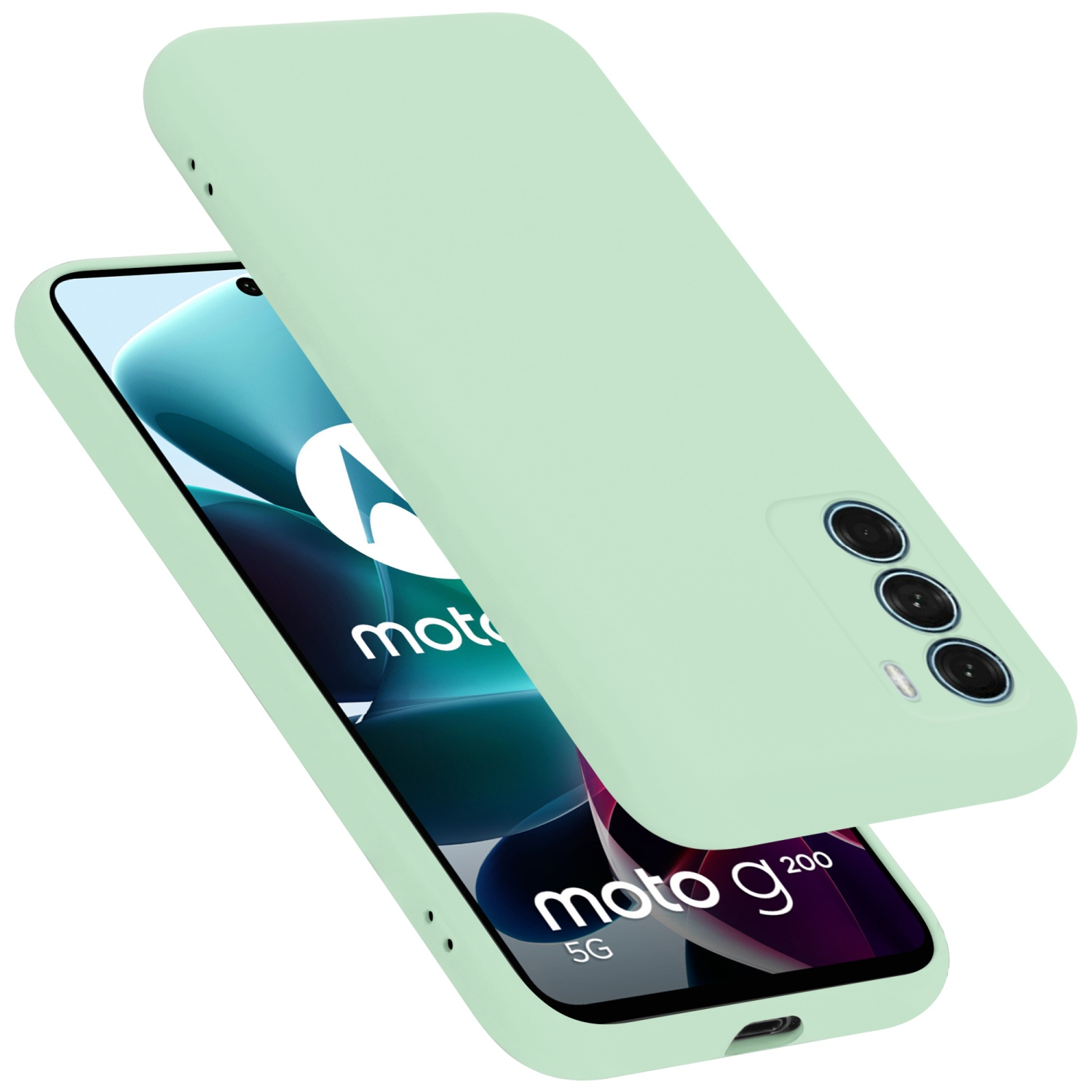 Eine hellgrüne Handyhülle und ein Telefon mit Text. Die Hülle ist vom Telefon abgenommen. Weißer Hintergrund.