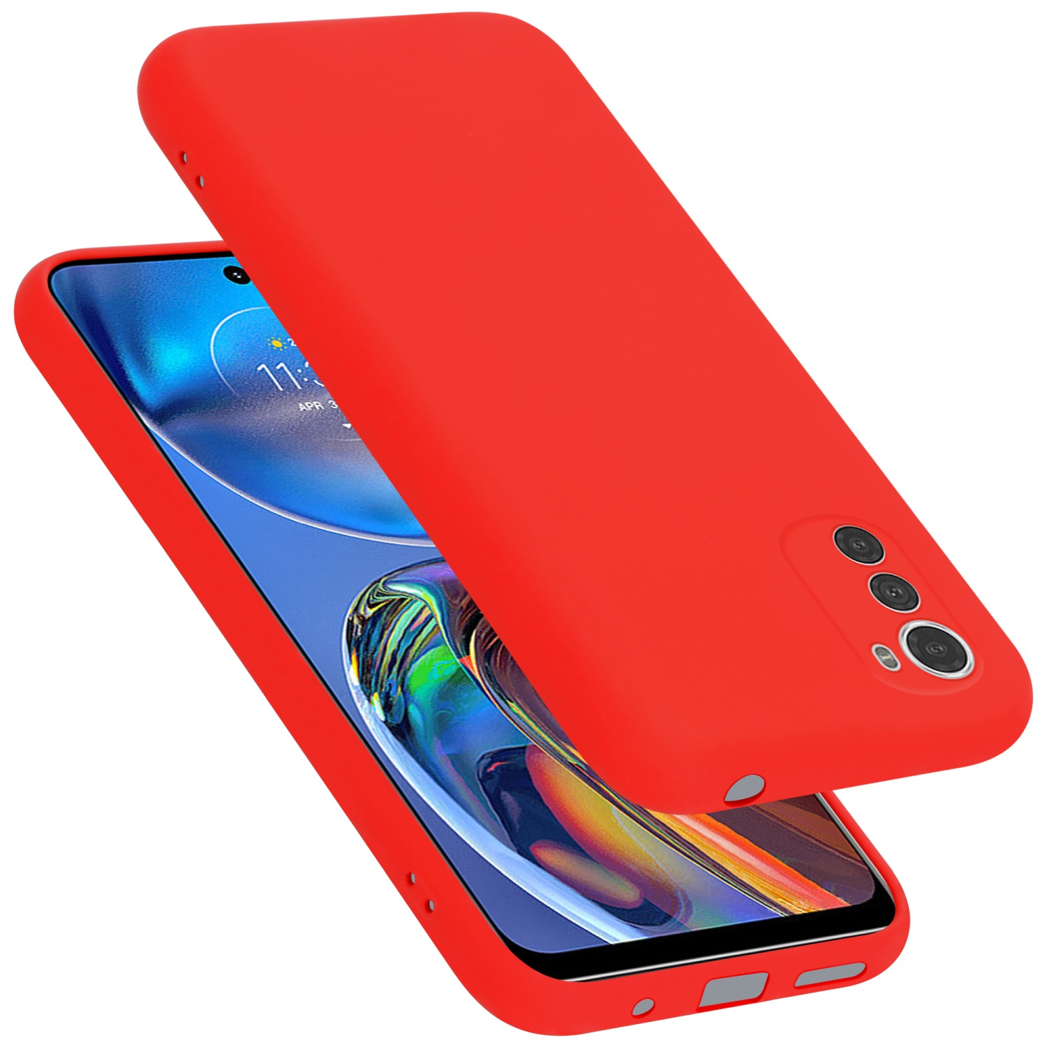 Rote Handyhülle mit Telefon. Das Telefon befindet sich in der Hülle.
