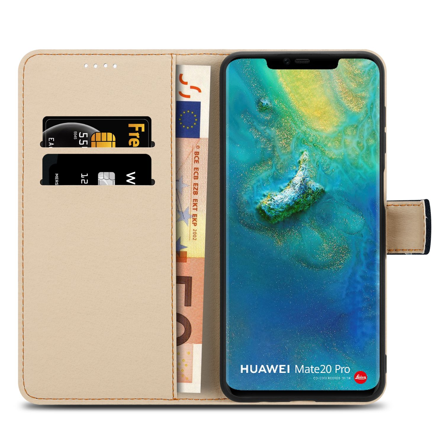 Coque de téléphone avec téléphone à l'intérieur, montrant de l'argent et une carte de crédit. Texte : Portefeuille compact.
