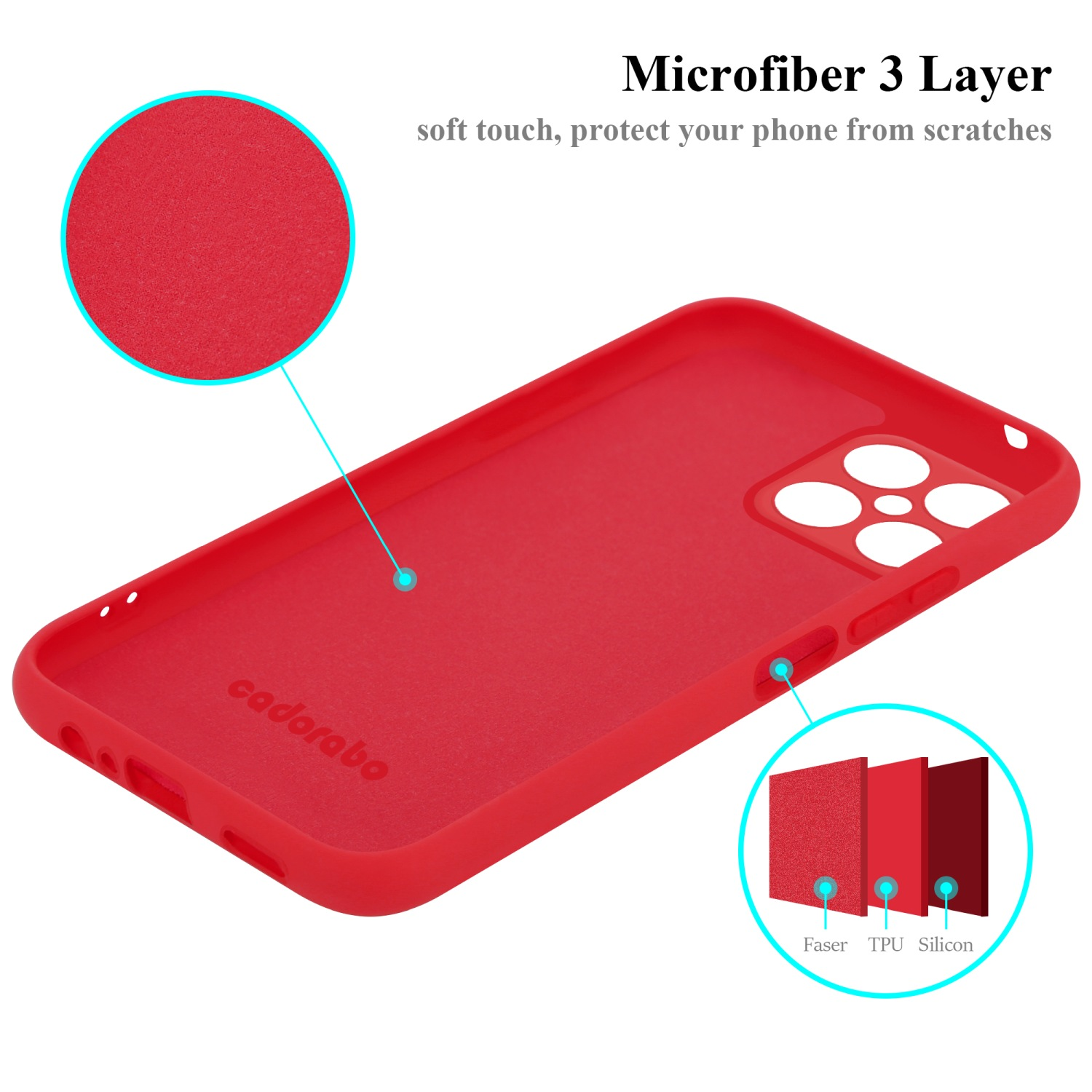 Eine rote Handyhülle mit Detail des Materials und der Schichten. Weißer Hintergrund.