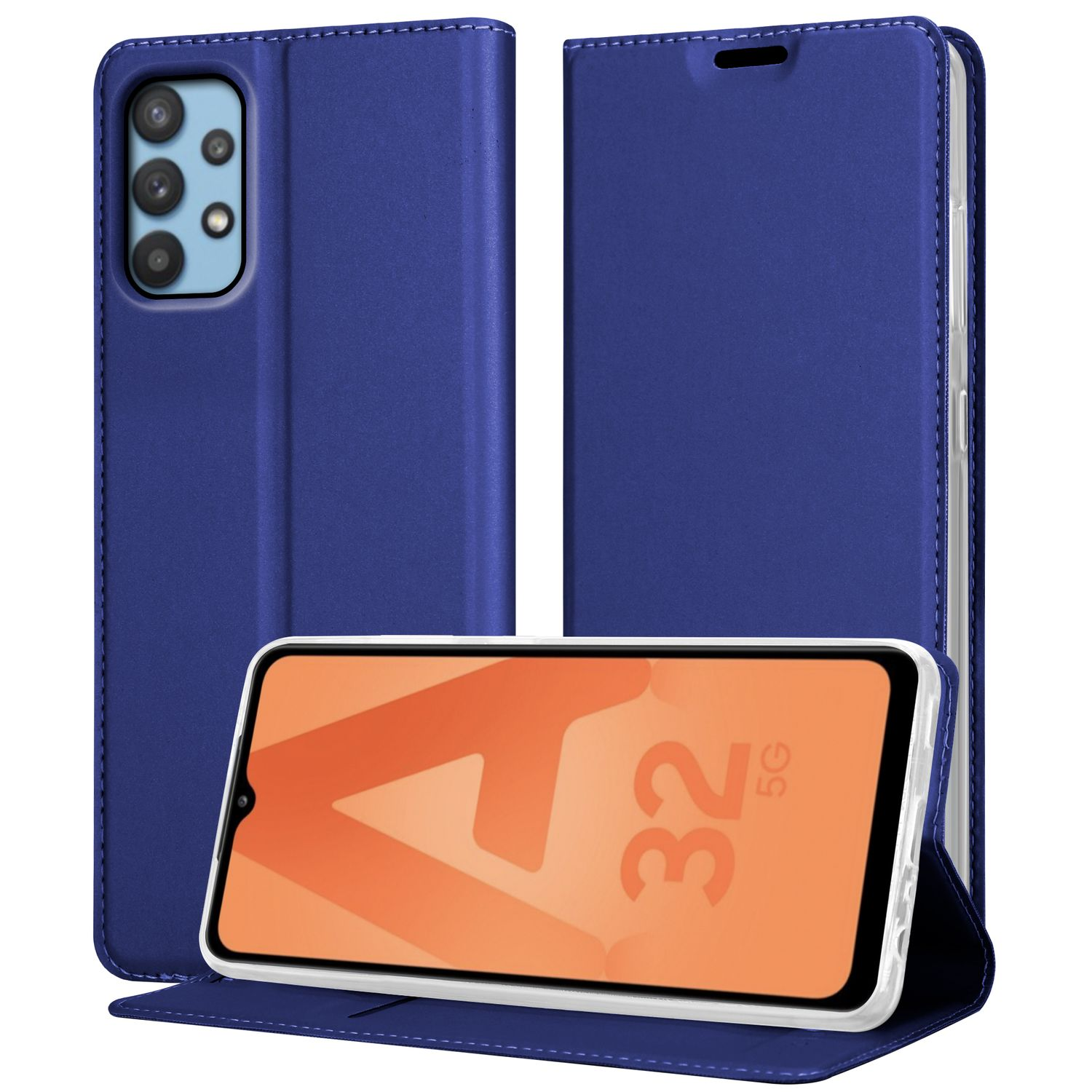 Blaue Handyhülle, offen und geschlossen. Telefon zeigt orange-weißes Bild.