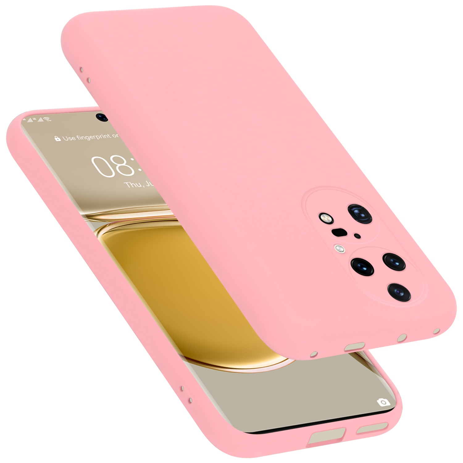 Rosa Handyhülle mit Handy innen. Die Hülle ist offen. Das Telefon zeigt einen Sperrbildschirm mit Text und Uhrzeit.