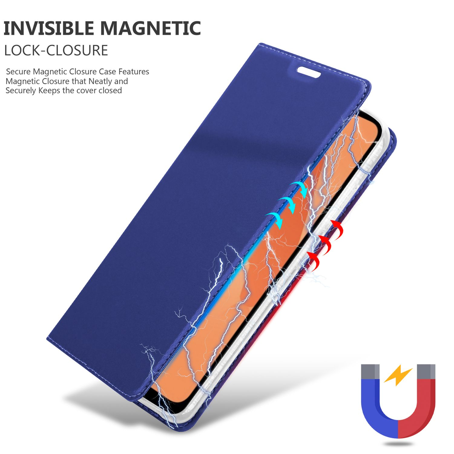 Eine blaue Handyhülle mit Magnetverschluss, offen gezeigt mit einem Telefon darin.