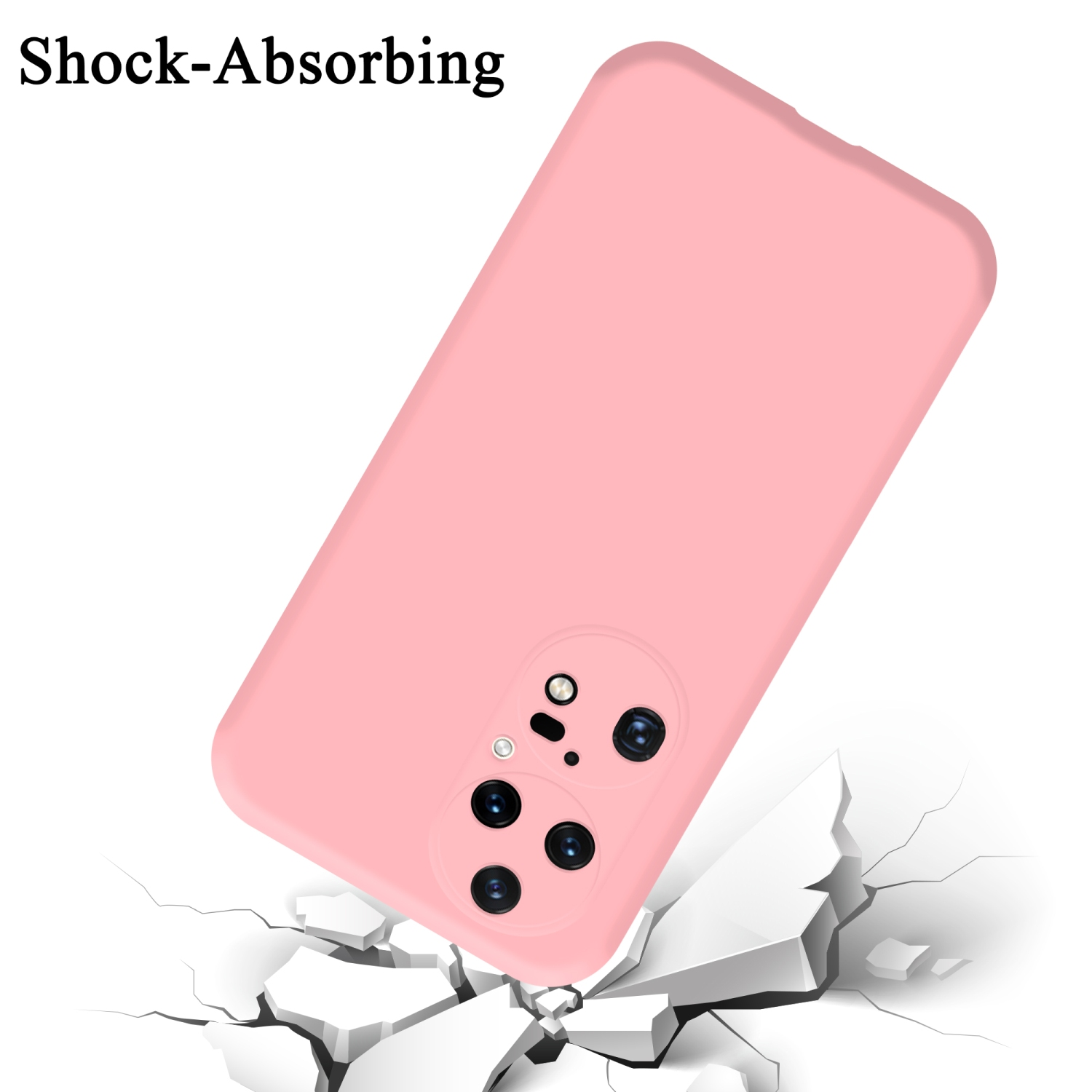 Eine rosa Handyhülle scheint zu fallen und auf eine Oberfläche zu schlagen, wodurch diese zerbricht. Der Text 'Stoßdämpfend' ist oben.