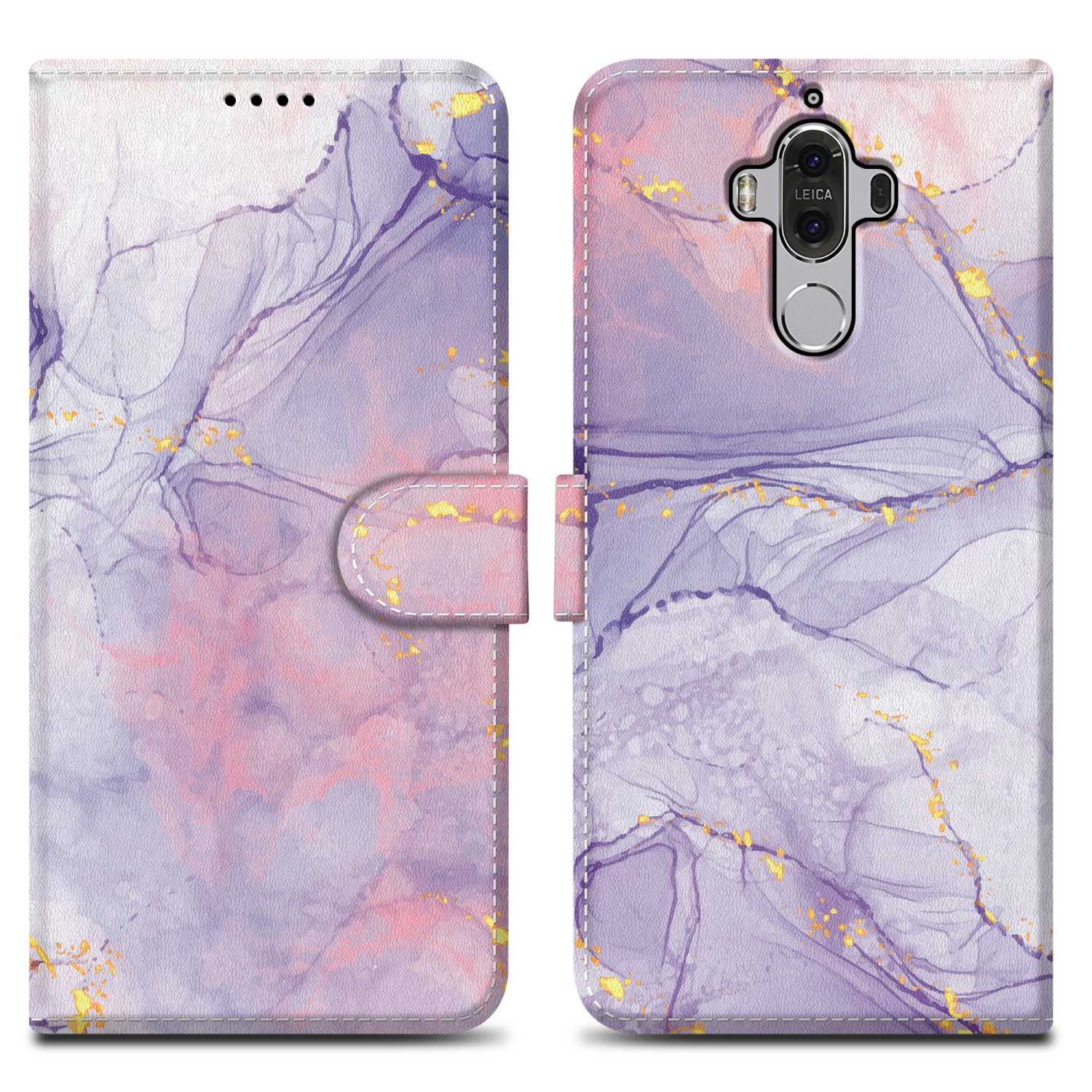Eine lila-rosa Handyhülle mit Marmordesign, geöffnet, um ein Telefon anzuzeigen.