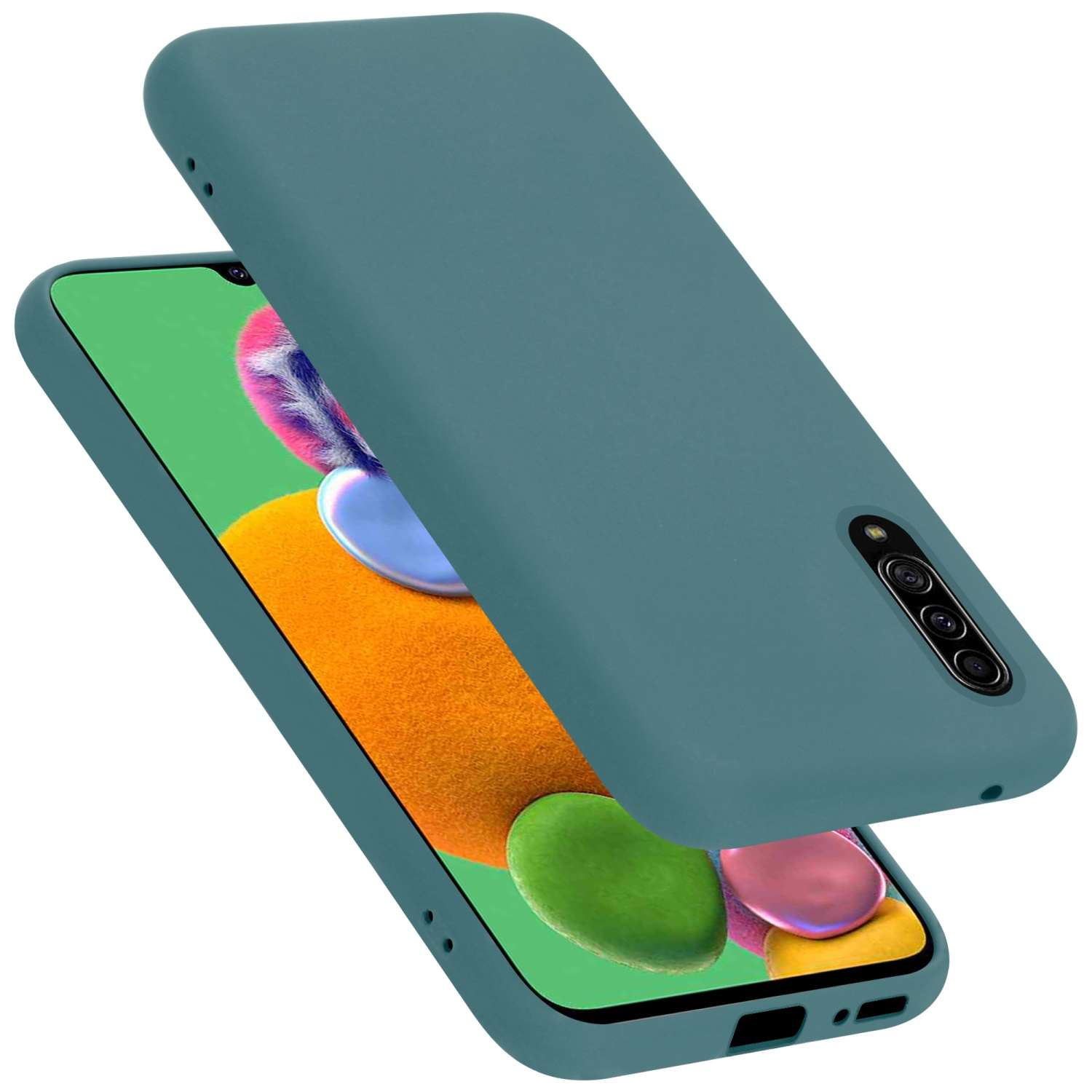 Blaue Handyhülle, Telefon, leicht geöffnet, weißer Hintergrund.