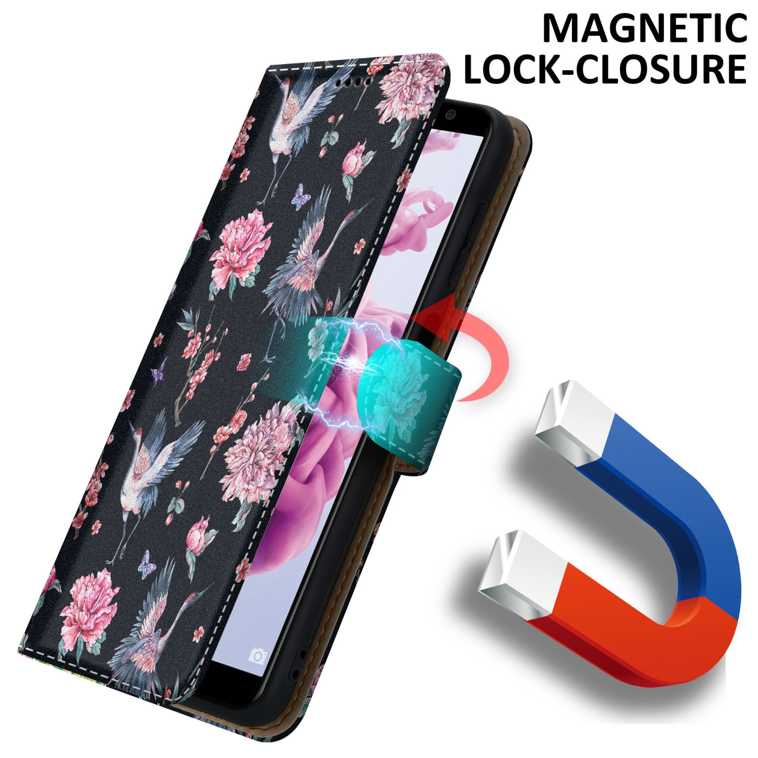 Florale Handyhülle mit Magnetverschluss. Magnet und Telefon im Bild gezeigt.