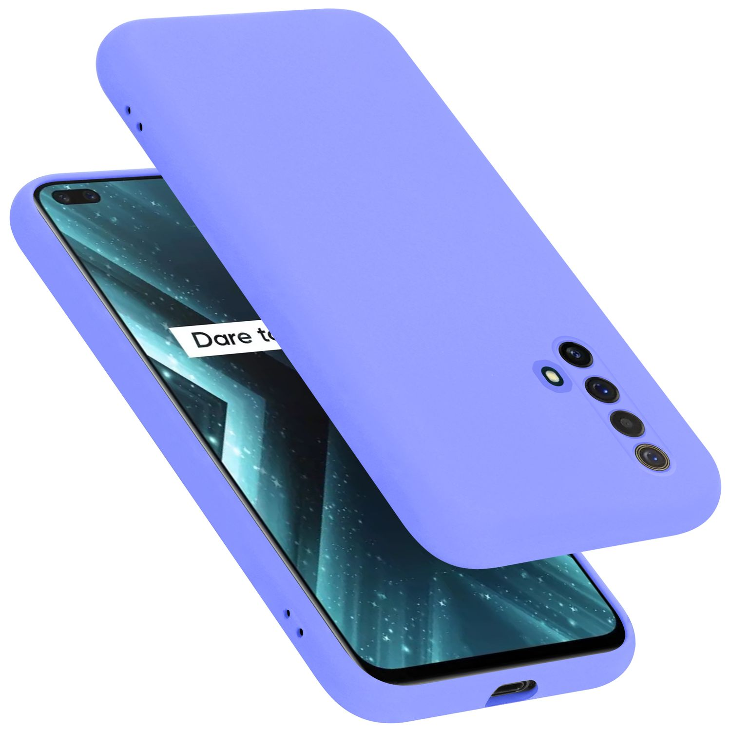 Lila Handyhülle mit Handy innen. Die Hülle ist offen. Das Handy hat einen dunklen Hintergrund mit Text.