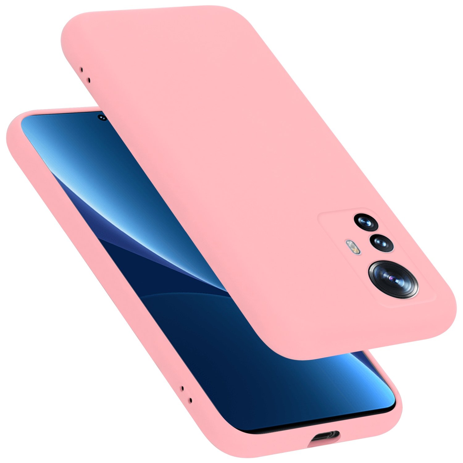 Rosa Handyhülle mit einem Telefon darin. Hülle bedeckt Rückseite und Seiten. Telefon hat Kameras.