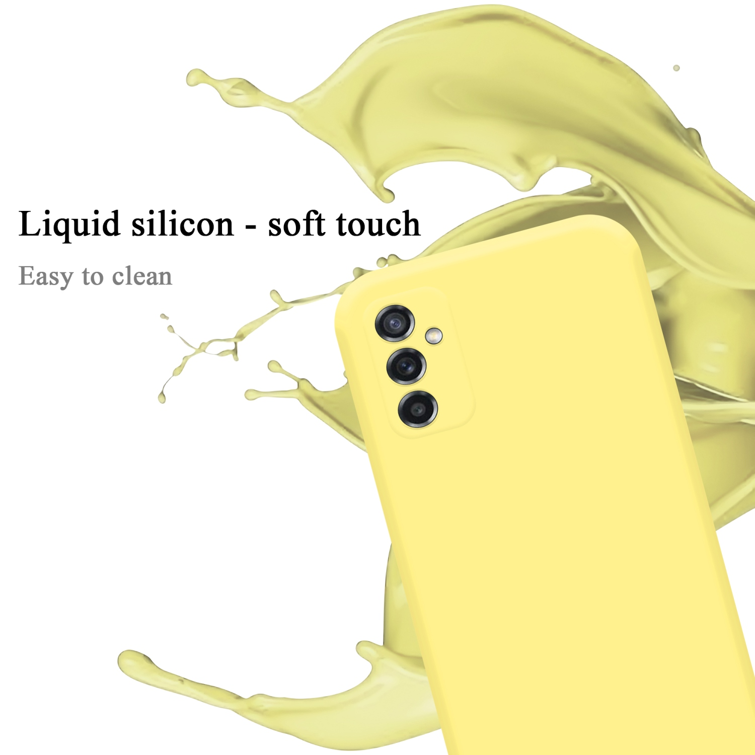 Una custodia gialla per telefono con effetto spruzzo di liquido. La custodia ha un ritaglio per la fotocamera ed è facile da pulire.