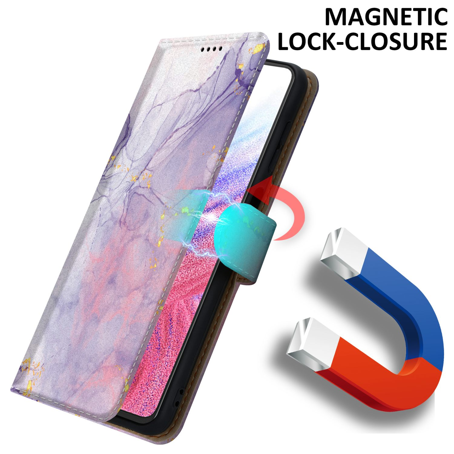 Handyhülle mit Marmordesign, geöffnet, Telefon zeigend, und ein magnetischer Verschluss.