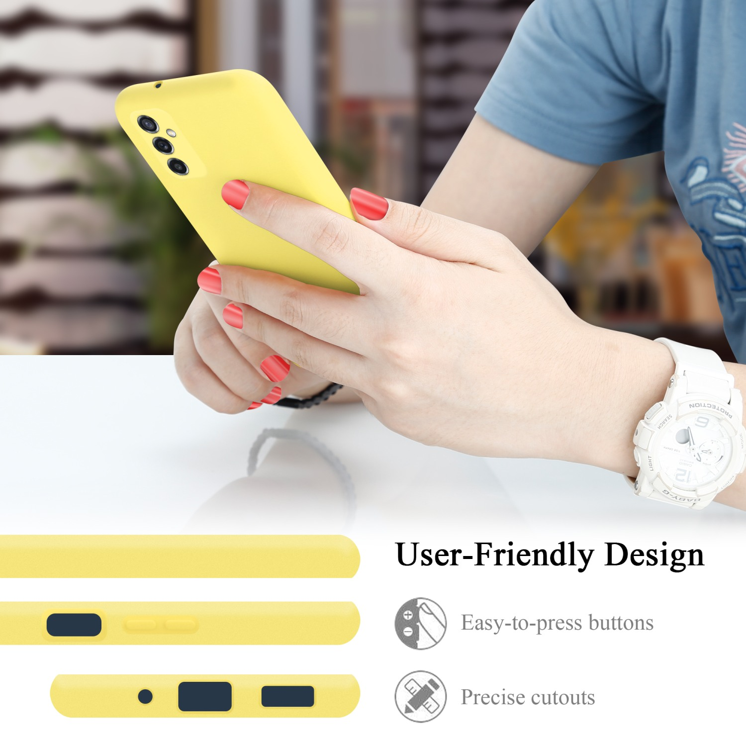 Una persona tiene in mano un telefono giallo. Il telefono è in una custodia gialla.