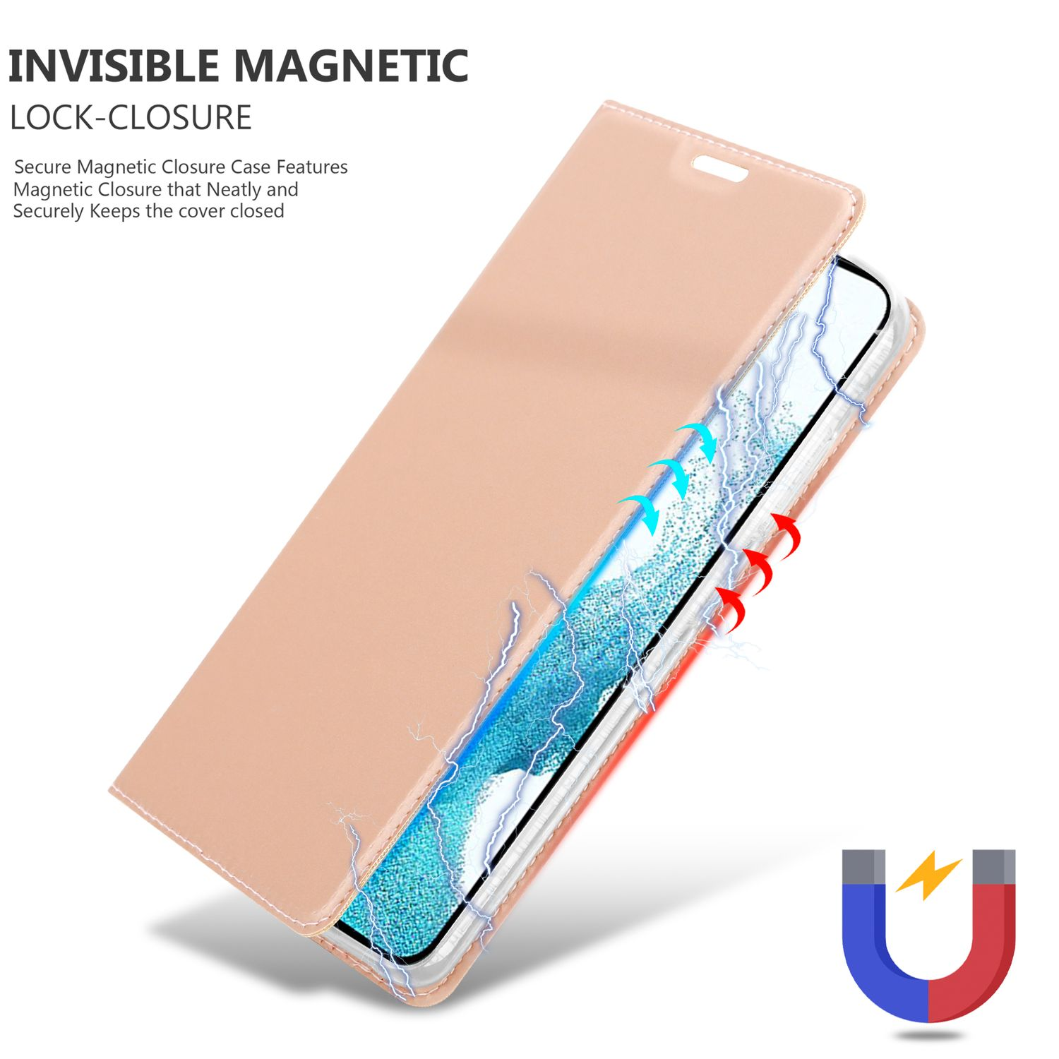 Eine geöffnete Handyhülle, die das Telefon zeigt, mit einem Magnet-U-Symbol rechts unten.