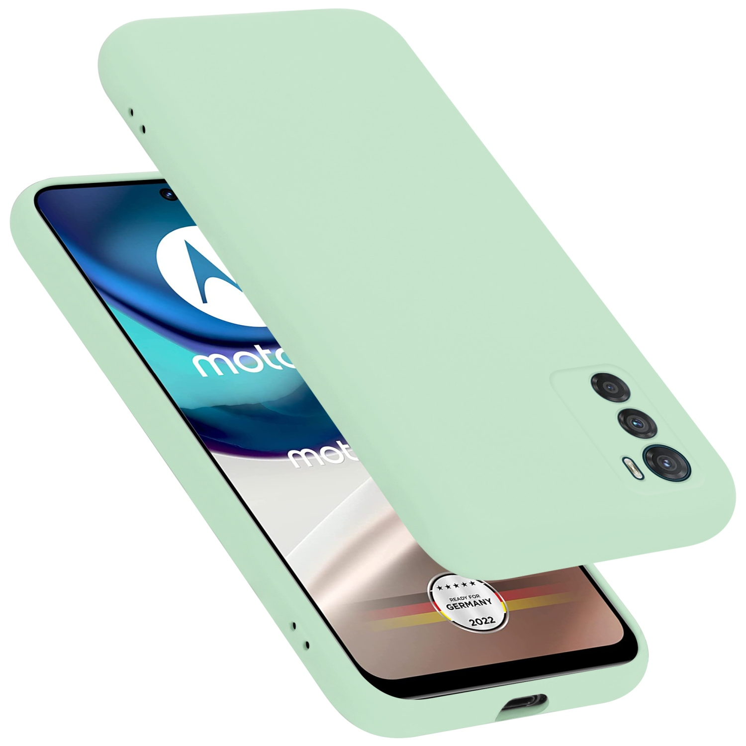 Grüne Handyhülle mit Telefon, auf weißem Hintergrund.