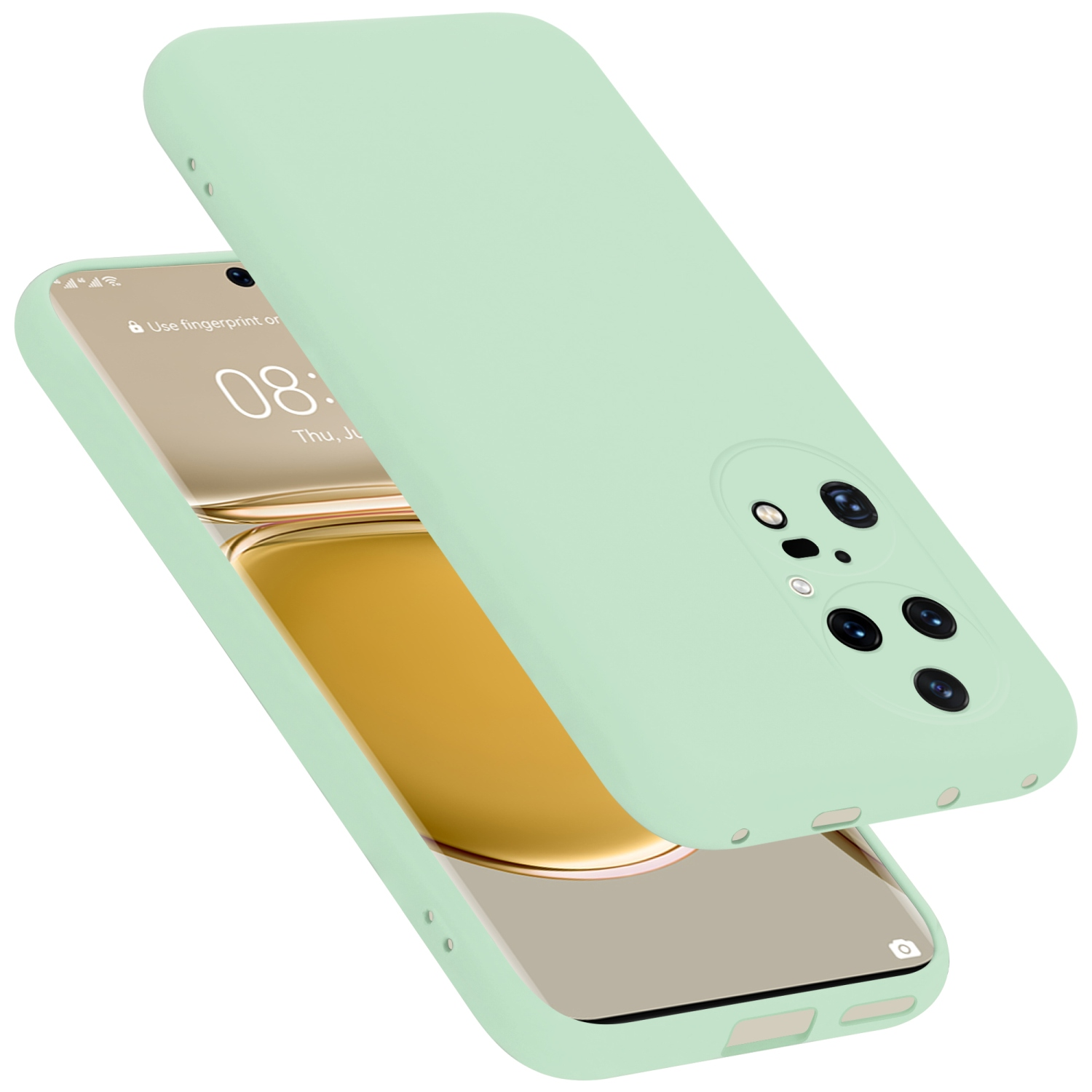 Mintgrüne Handyhülle mit Telefon. Handyhülle über dem Telefon. Das Telefon ist grün und zeigt einen Bildschirm.
